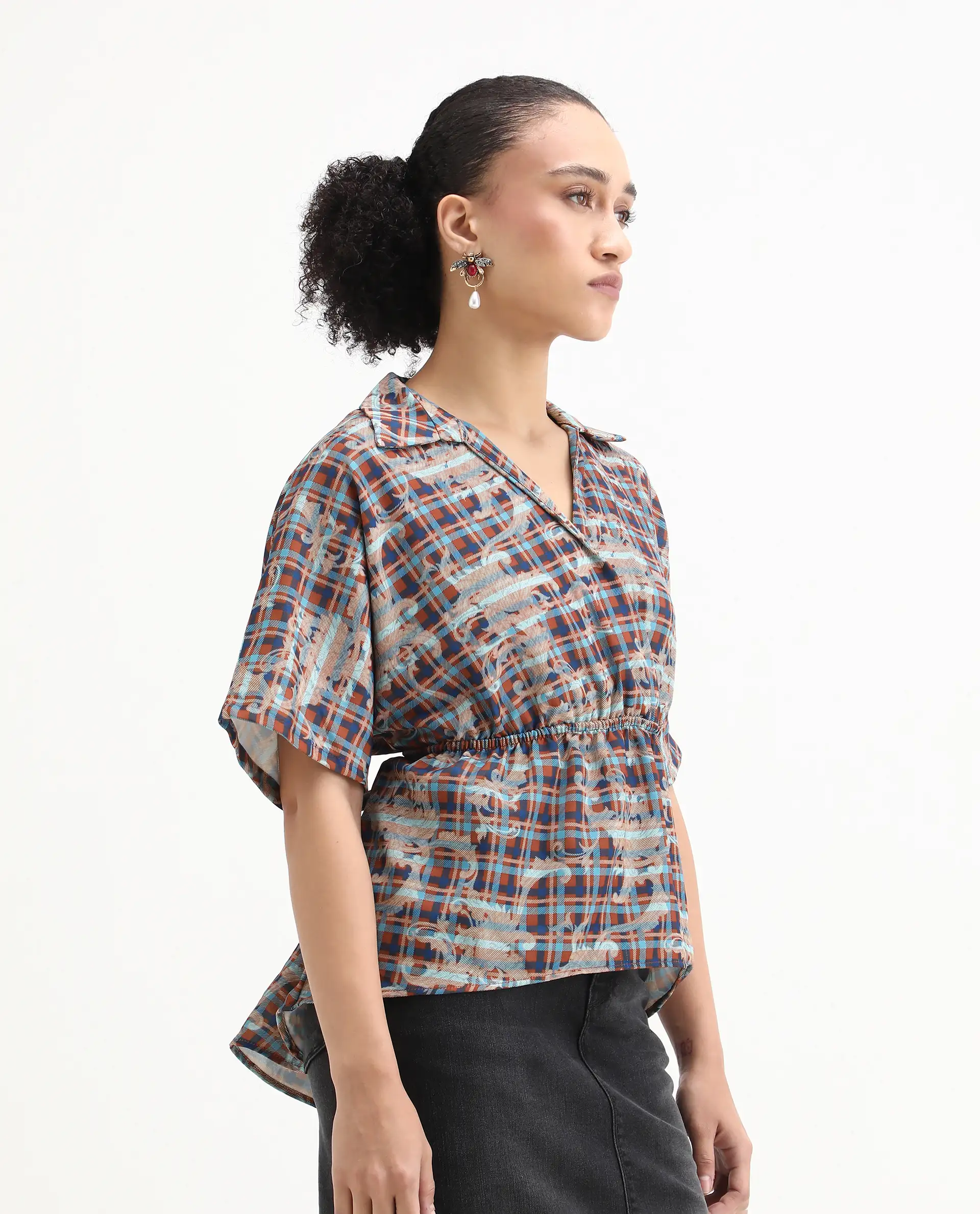 Rareism Women's Copo Dark Multi Polyester Johnny Collar Geometric Print Kimono Sleeve Regular Fit Top - Image 4