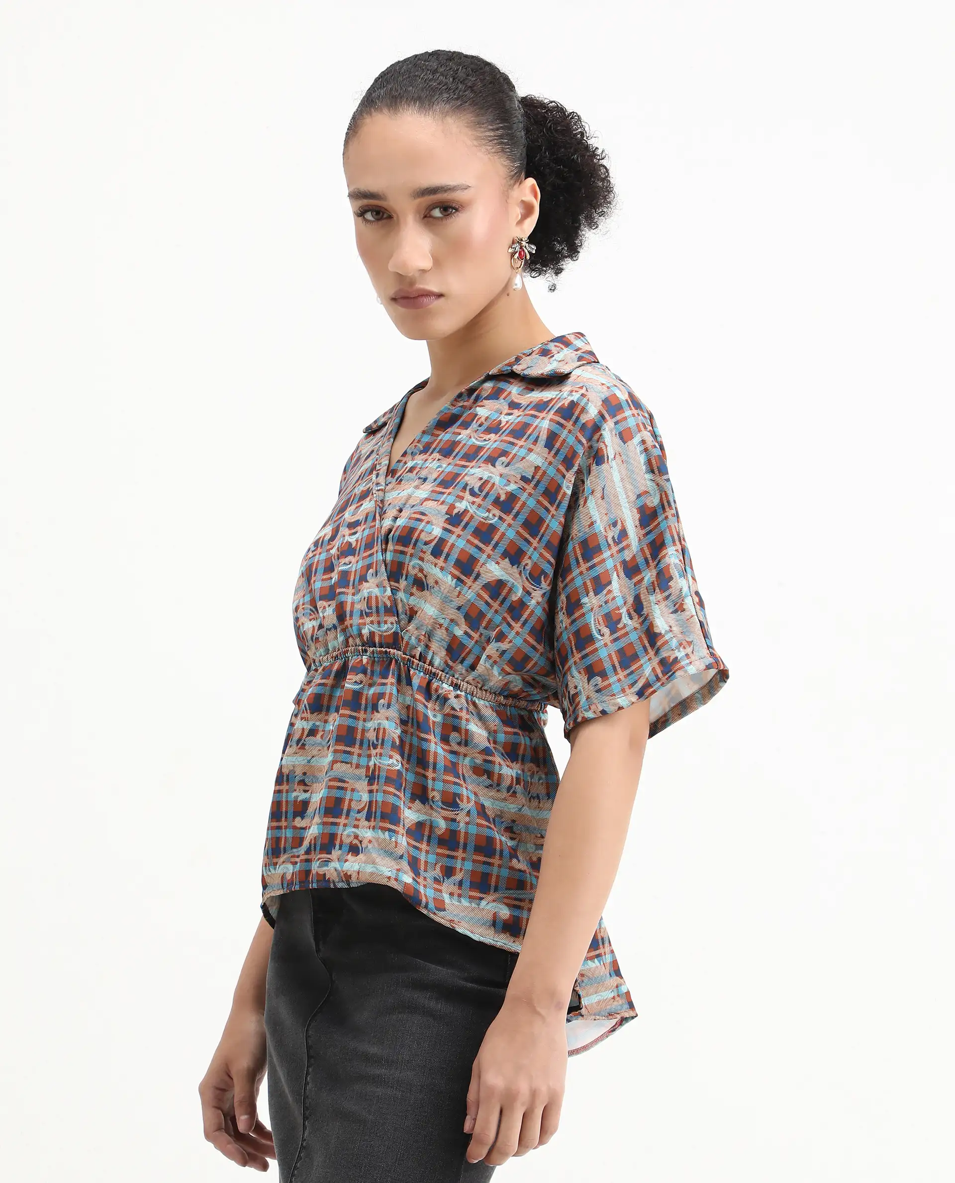 Rareism Women's Copo Dark Multi Polyester Johnny Collar Geometric Print Kimono Sleeve Regular Fit Top - Image 5