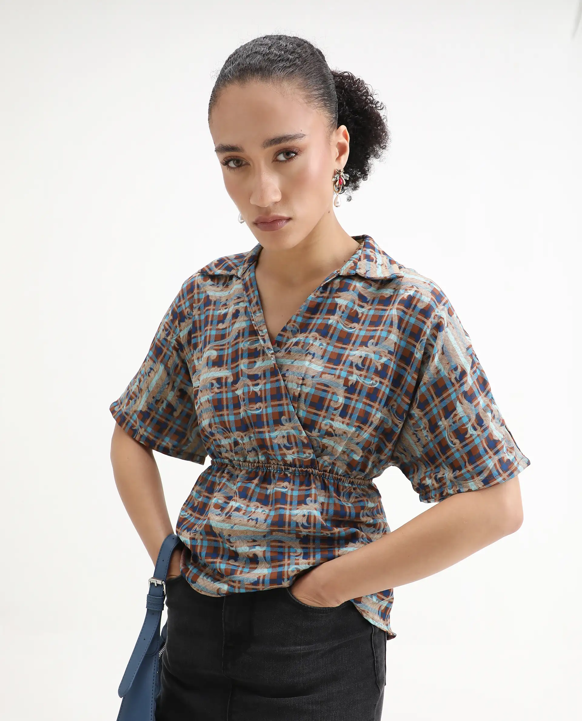 Rareism Women's Copo Dark Multi Polyester Johnny Collar Geometric Print Kimono Sleeve Regular Fit Top - Image 6