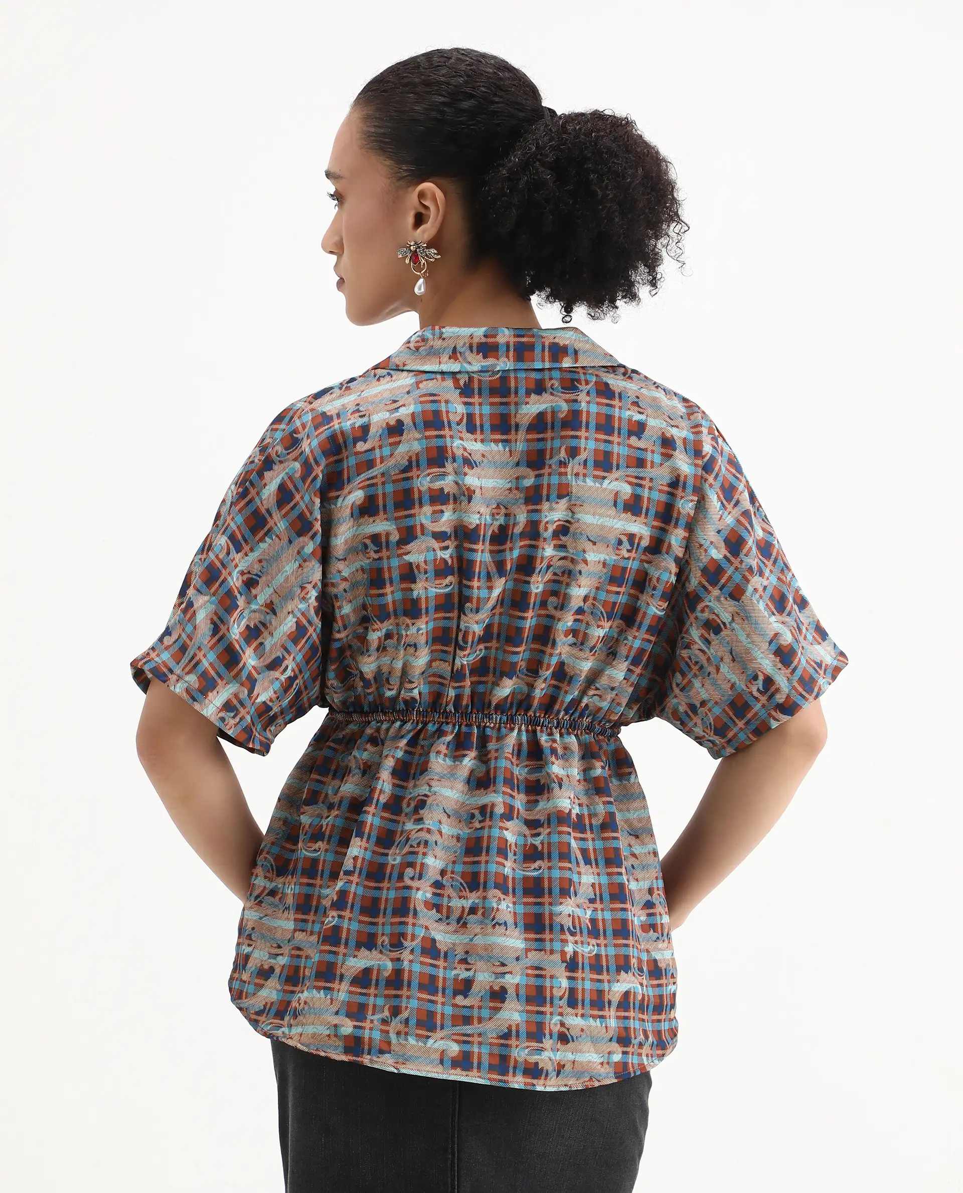 Rareism Women's Copo Dark Multi Polyester Johnny Collar Geometric Print Kimono Sleeve Regular Fit Top - Image 7