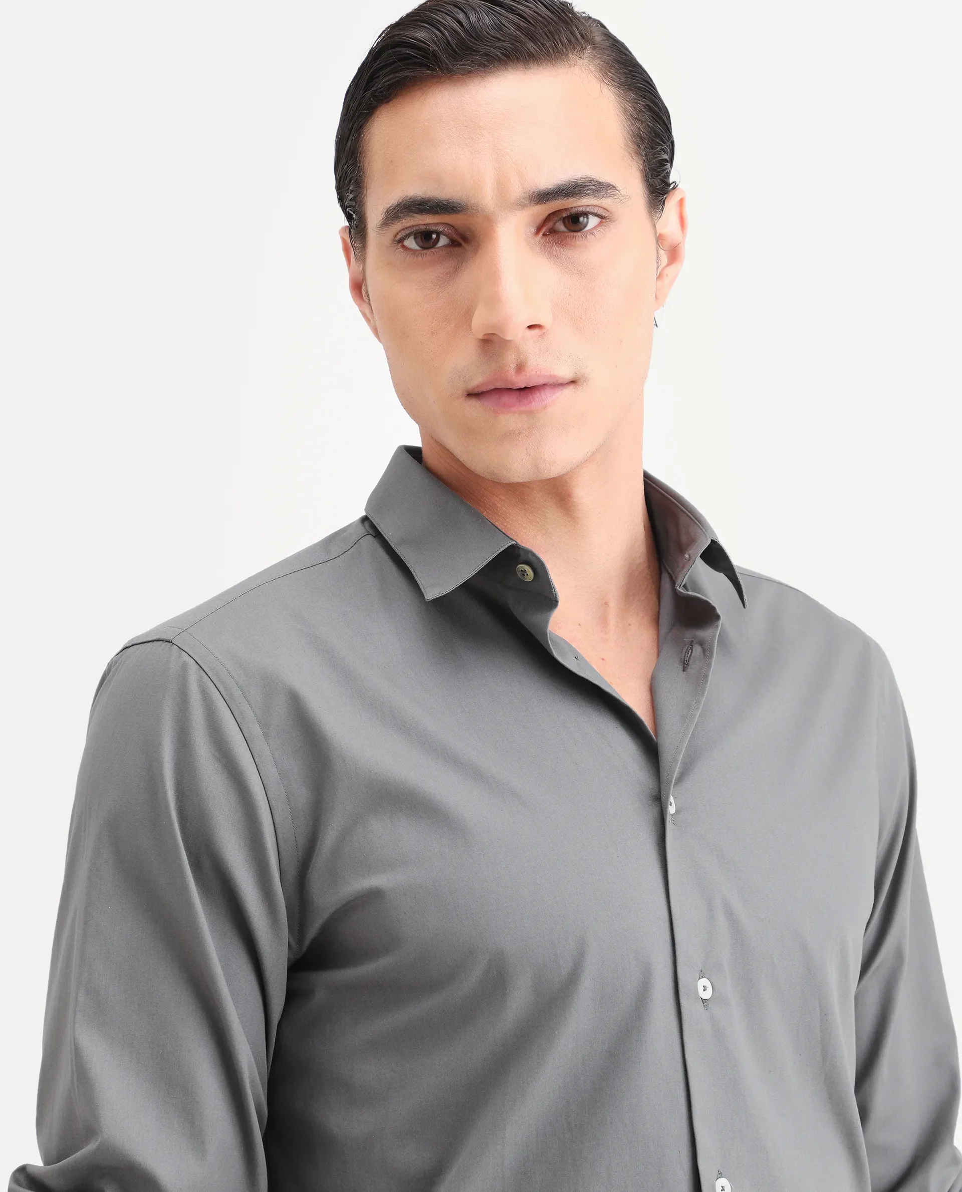 Rare Rabbit Men's Copz Dark Grey Cotton Fabric Full Sleeve Spread Collar Regular Fit Plain Shirt - Image 3