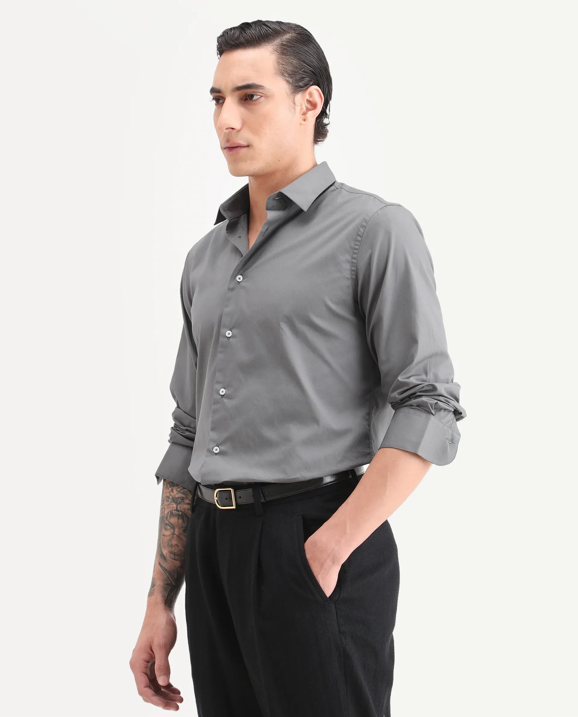 Rare Rabbit Men's Copz Dark Grey Cotton Fabric Full Sleeve Spread Collar Regular Fit Plain Shirt - Image 4