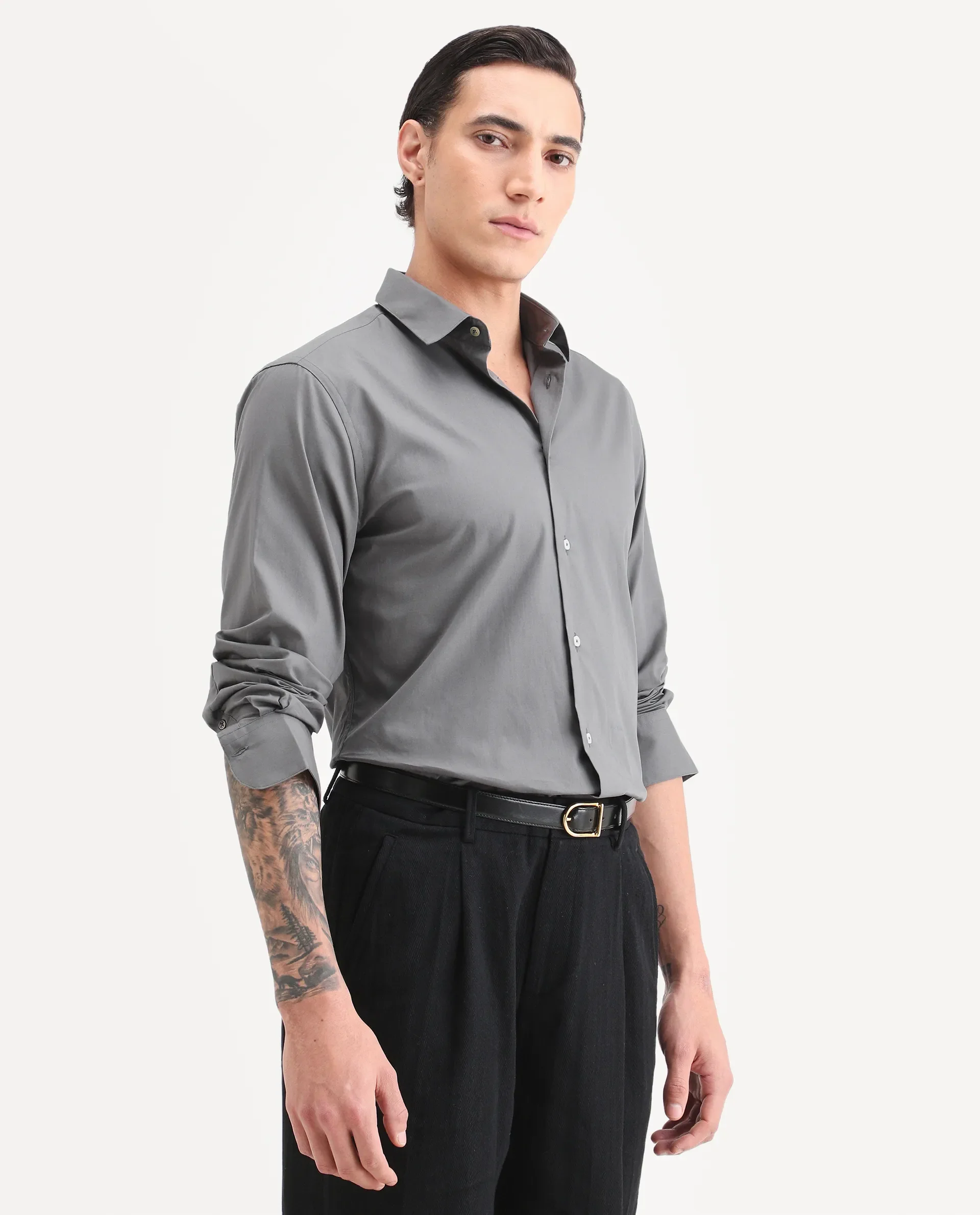 Rare Rabbit Men's Copz Dark Grey Cotton Fabric Full Sleeve Spread Collar Regular Fit Plain Shirt - Image 5