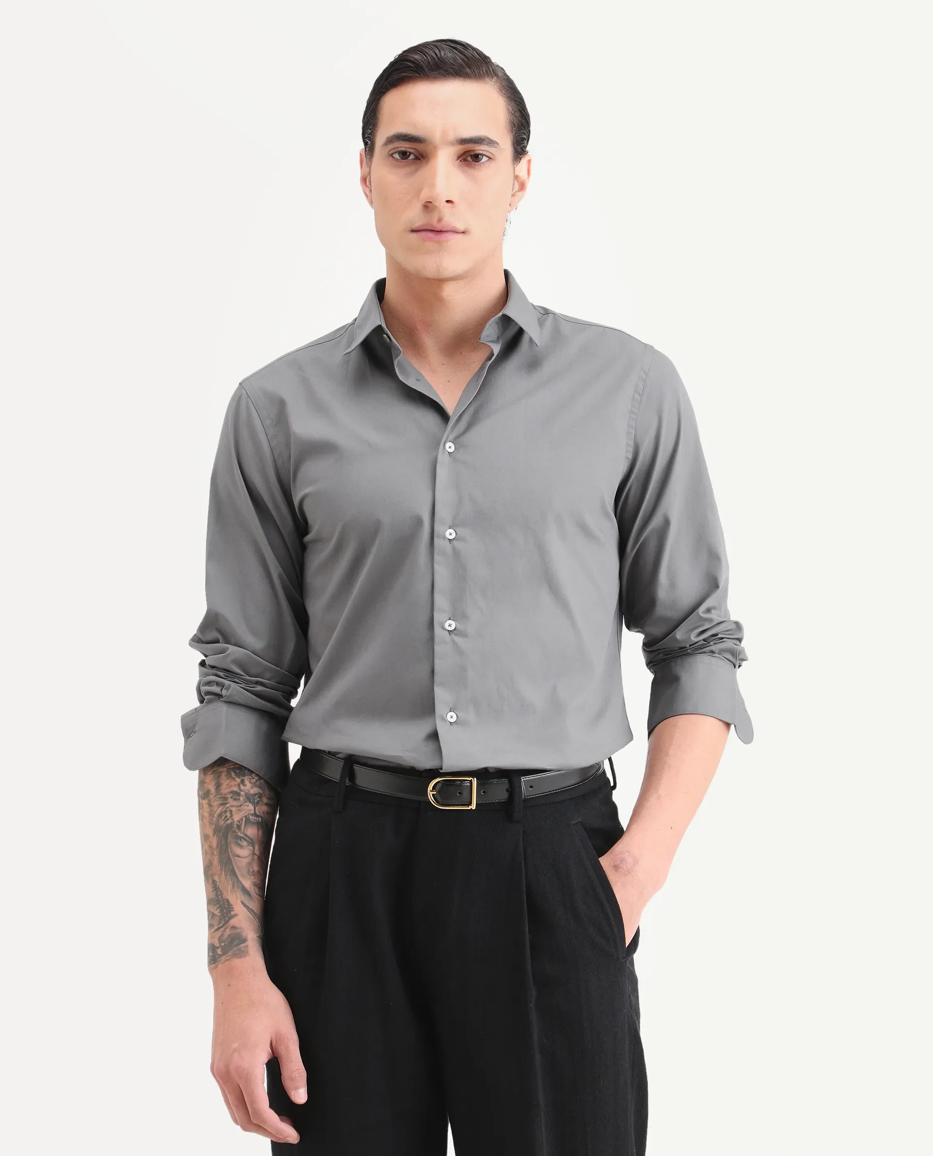 Rare Rabbit Men's Copz Dark Grey Cotton Fabric Full Sleeve Spread Collar Regular Fit Plain Shirt - Image 6