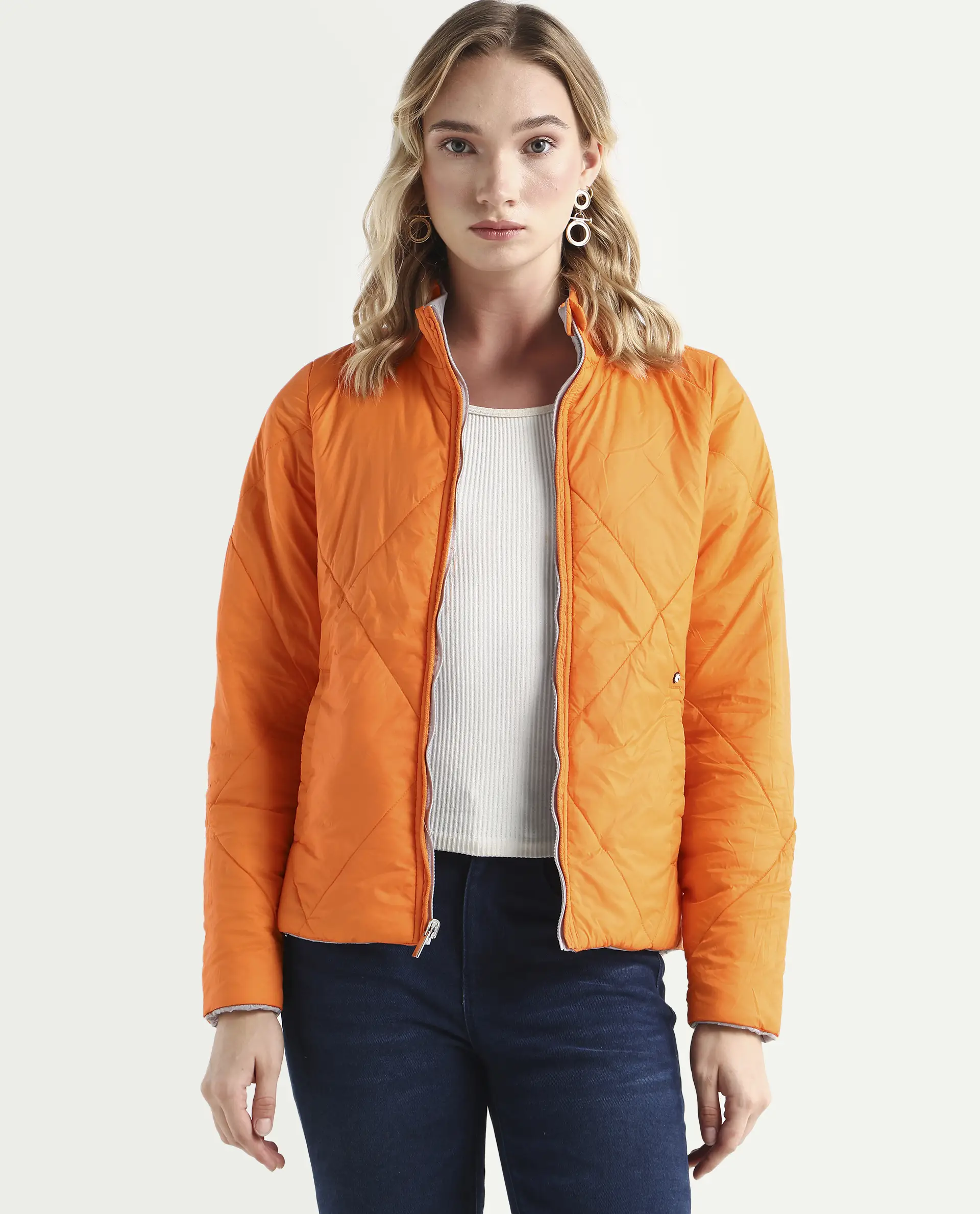 Rareism Women's Cora 1 Grey Nylon High Neck Plain Regular Fit Jacket - Image 2