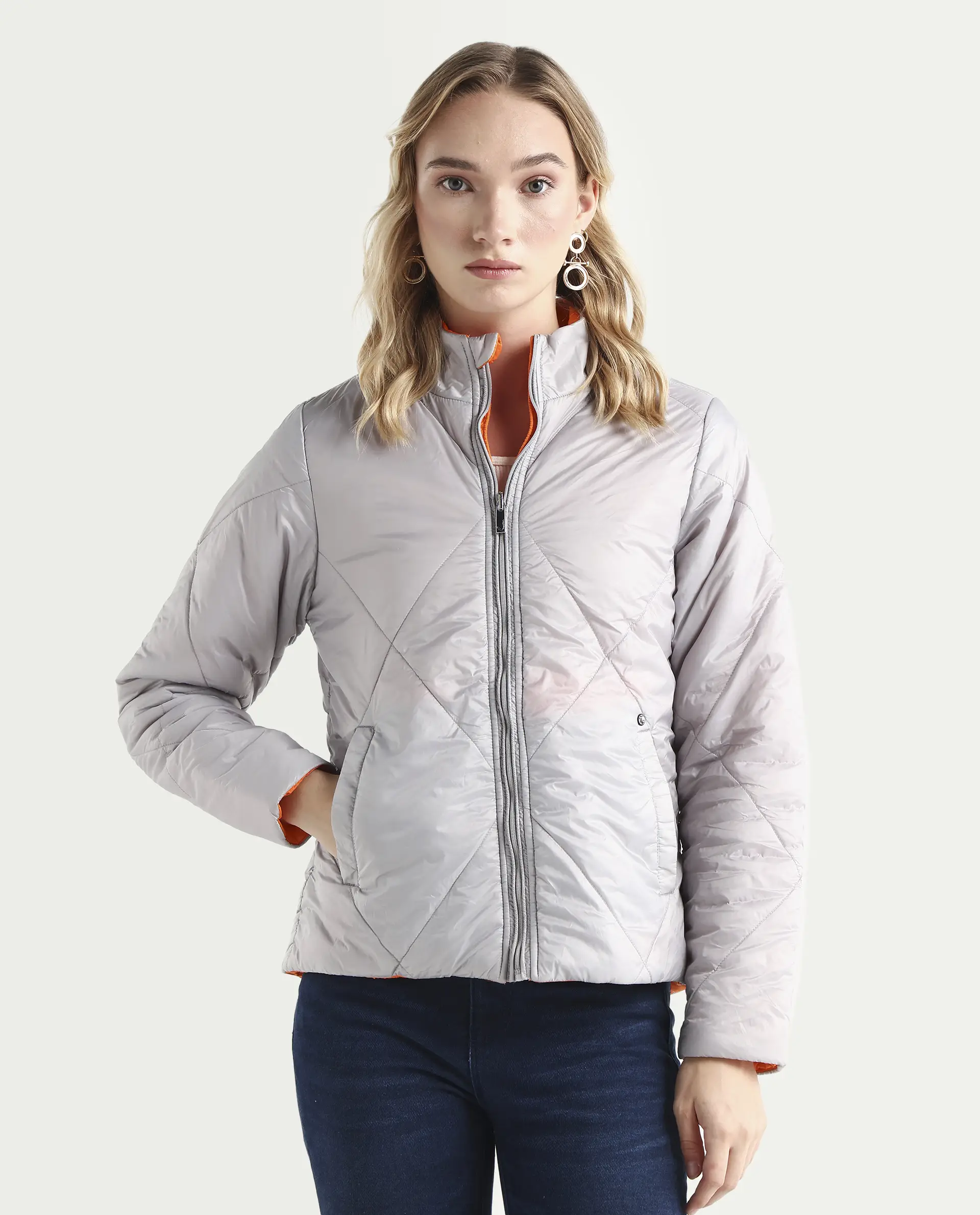 Rareism Women's Cora 1 Grey Nylon High Neck Plain Regular Fit Jacket - Image 3