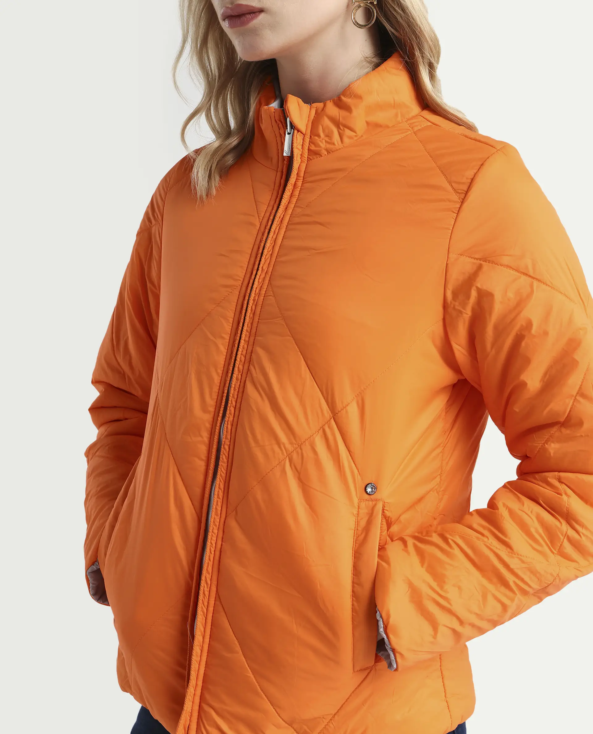 Rareism Women's Cora 1 Grey Nylon High Neck Plain Regular Fit Jacket - Image 4
