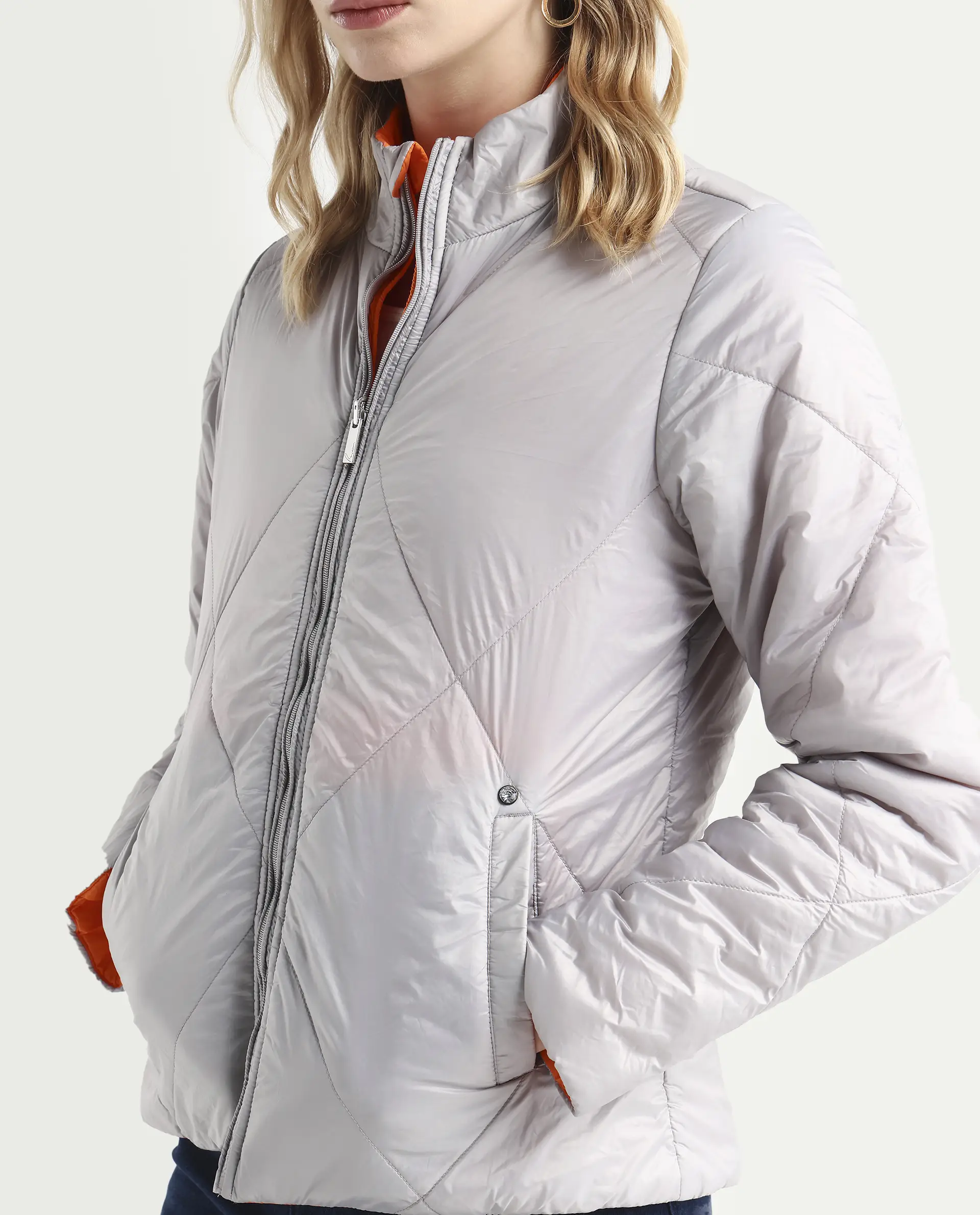 Rareism Women's Cora 1 Grey Nylon High Neck Plain Regular Fit Jacket - Image 5