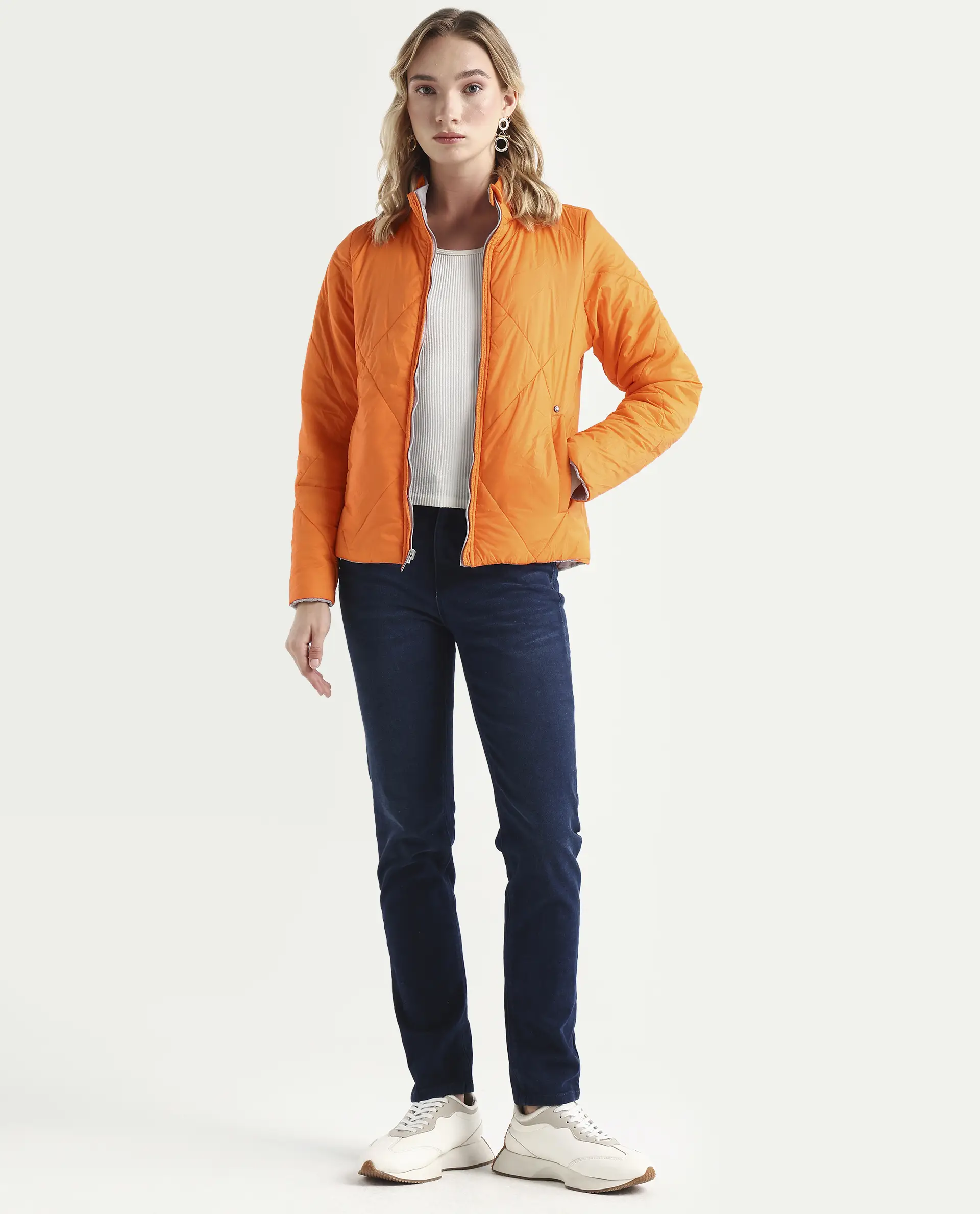 Rareism Women's Cora 1 Grey Nylon High Neck Plain Regular Fit Jacket - Image 6