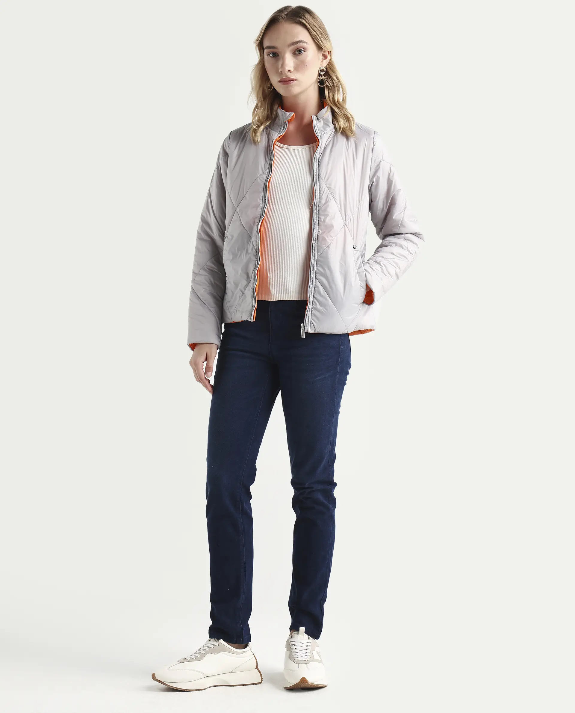 Rareism Women's Cora 1 Grey Nylon High Neck Plain Regular Fit Jacket - Image 7