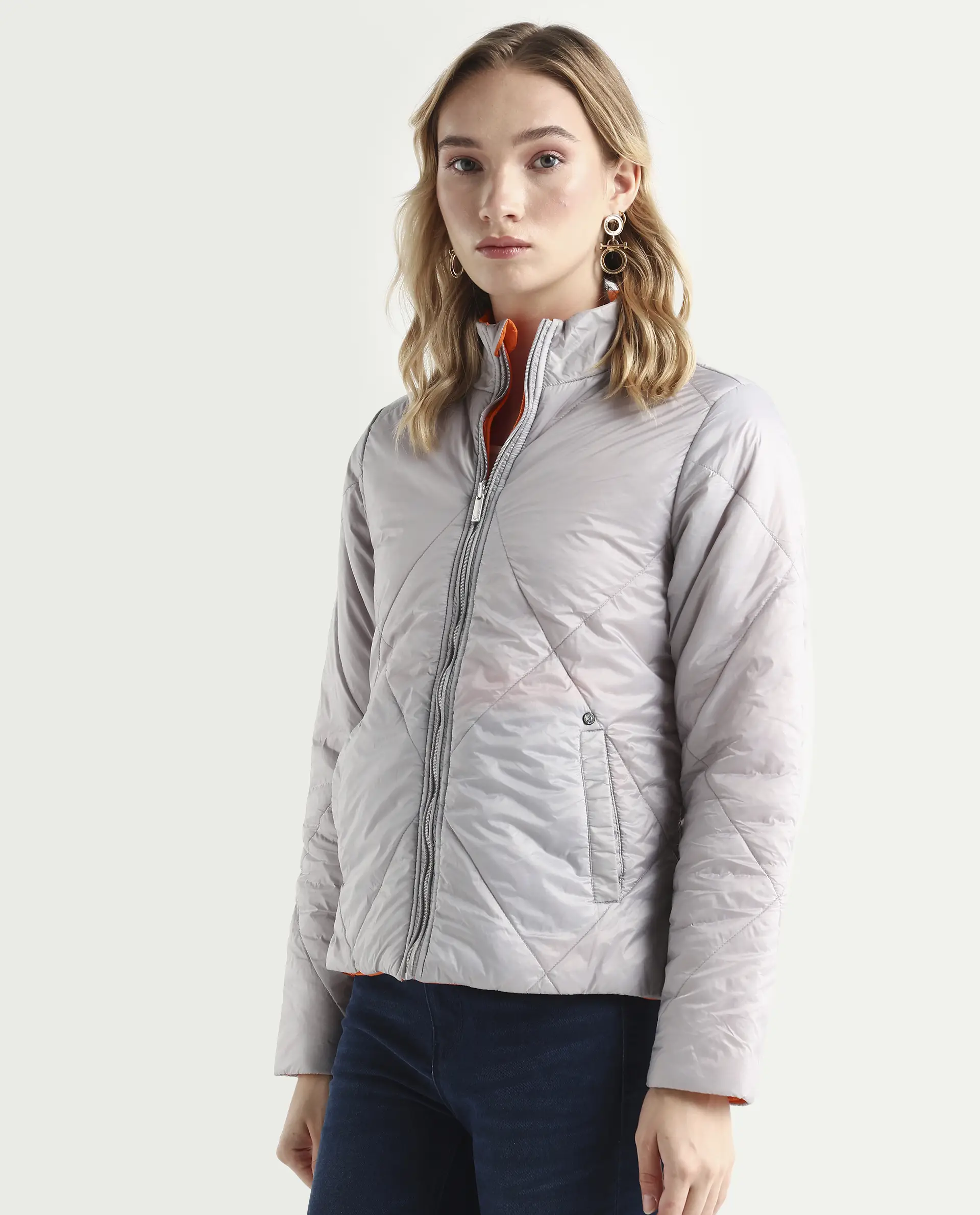 Rareism Women's Cora 1 Grey Nylon High Neck Plain Regular Fit Jacket - Image 8