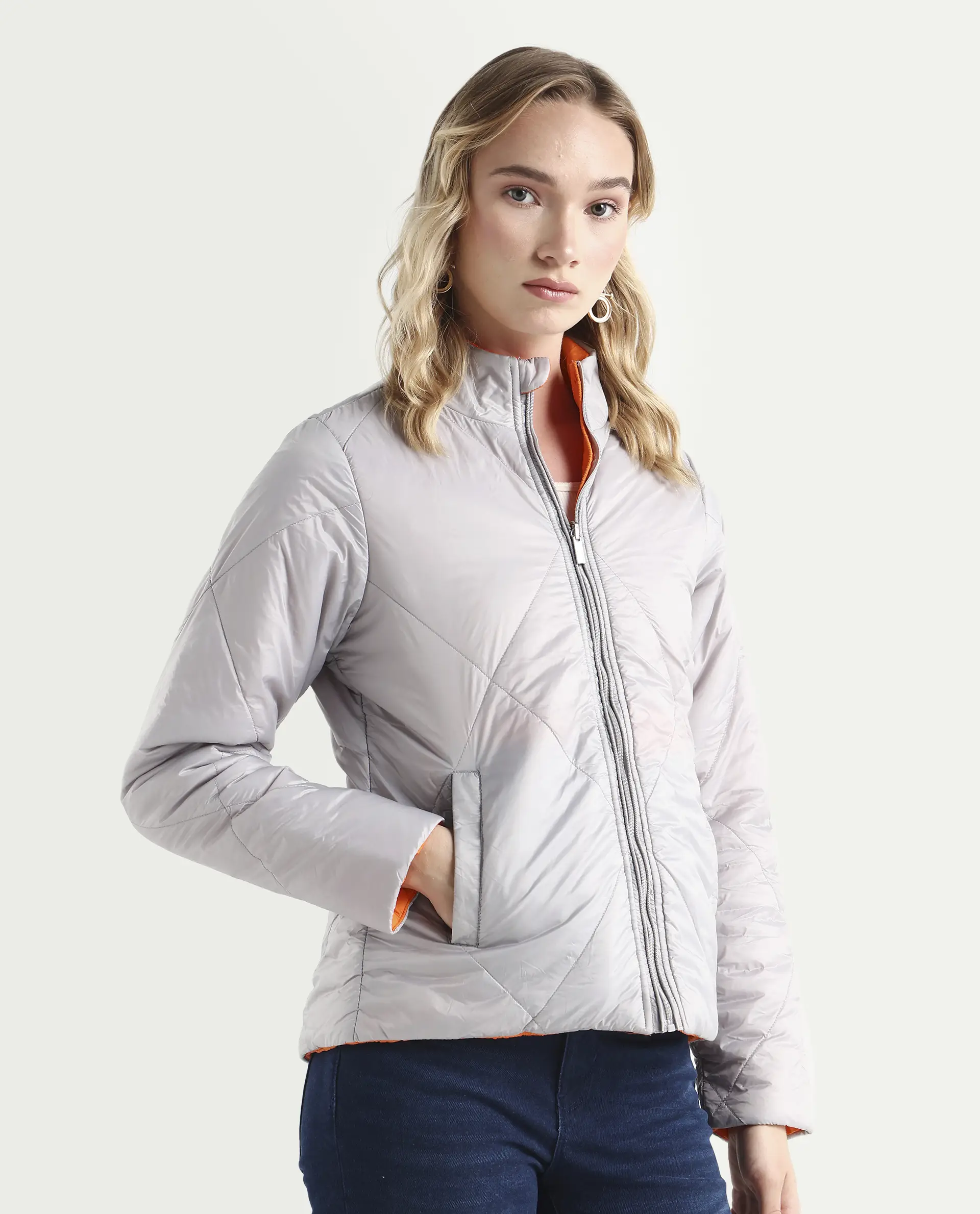 Rareism Women's Cora 1 Grey Nylon High Neck Plain Regular Fit Jacket - Image 9