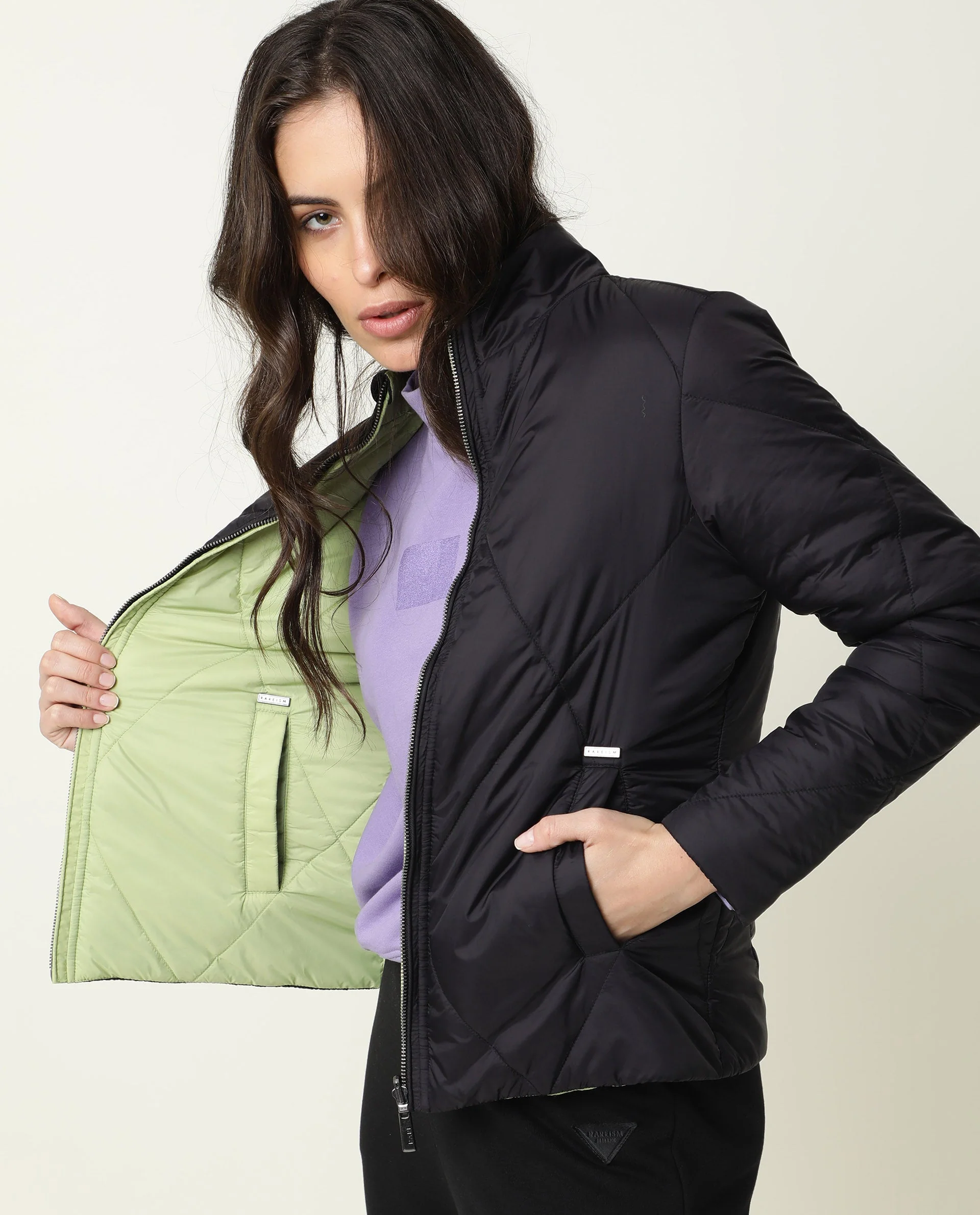 Rareism Women's Cora Black Polyester High Neck Plain Regular Fit Jacket - Image 2