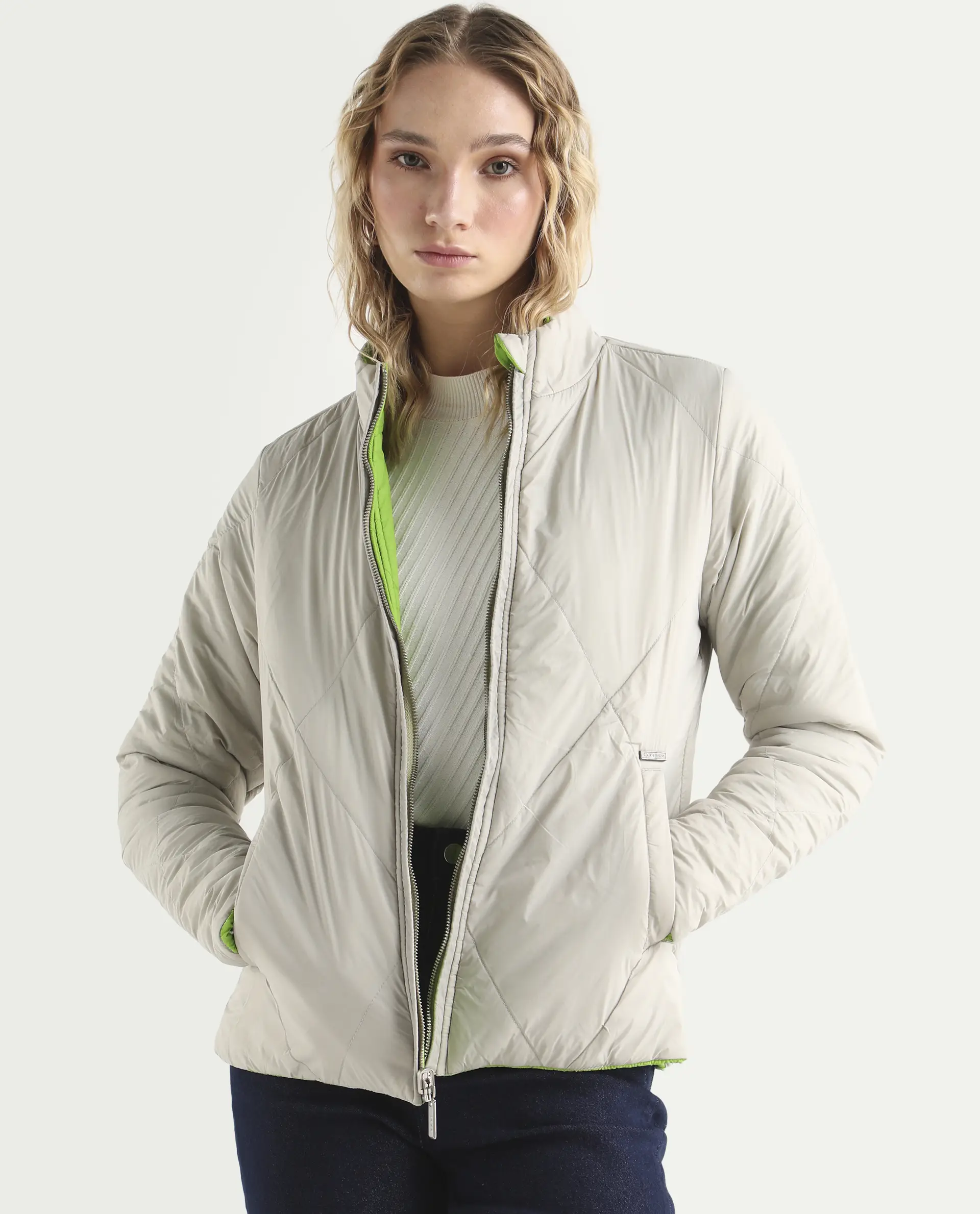 Rareism Women's Cora Green Polyester High Neck Plain Regular Fit Jacket - Image 2