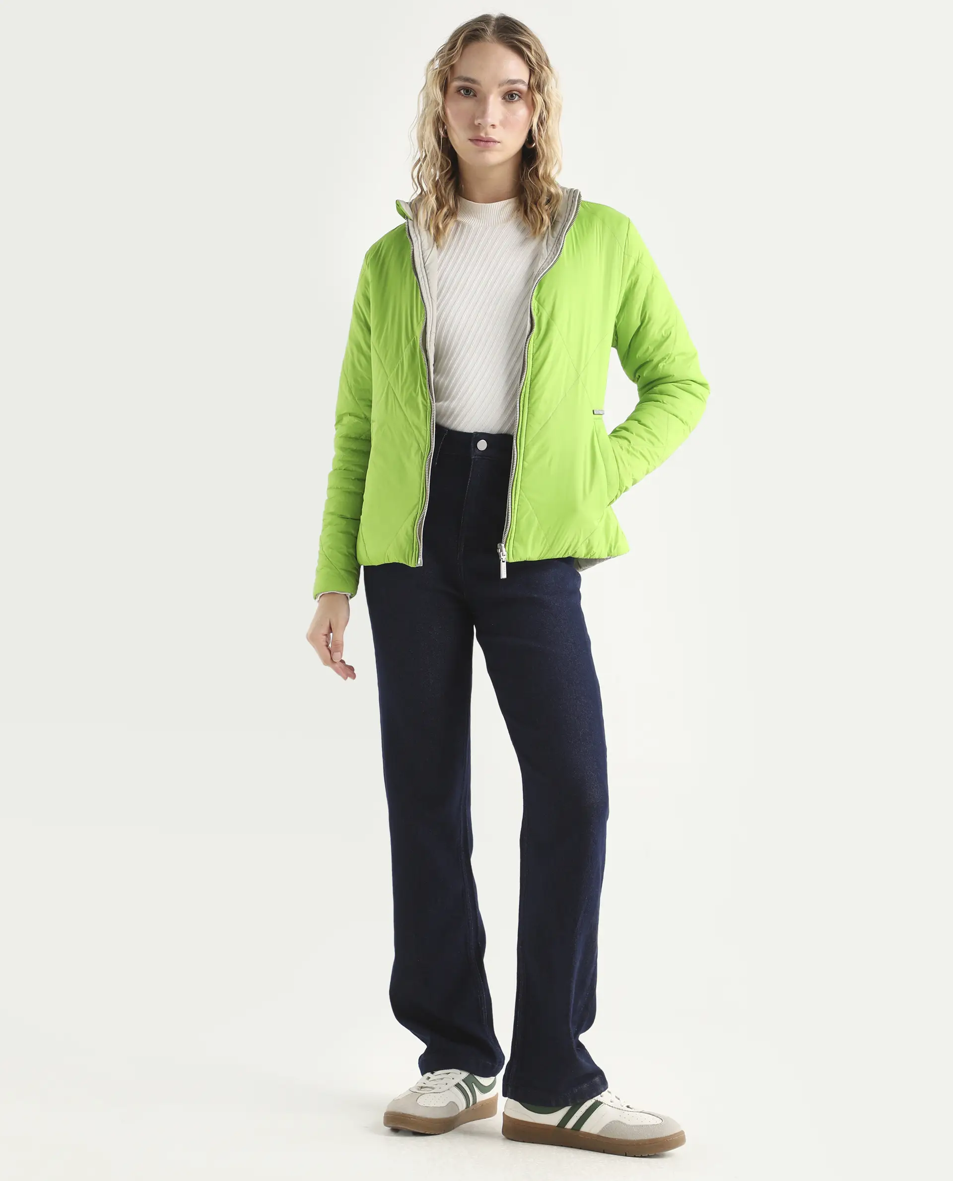 Rareism Women's Cora Green Polyester High Neck Plain Regular Fit Jacket - Image 3