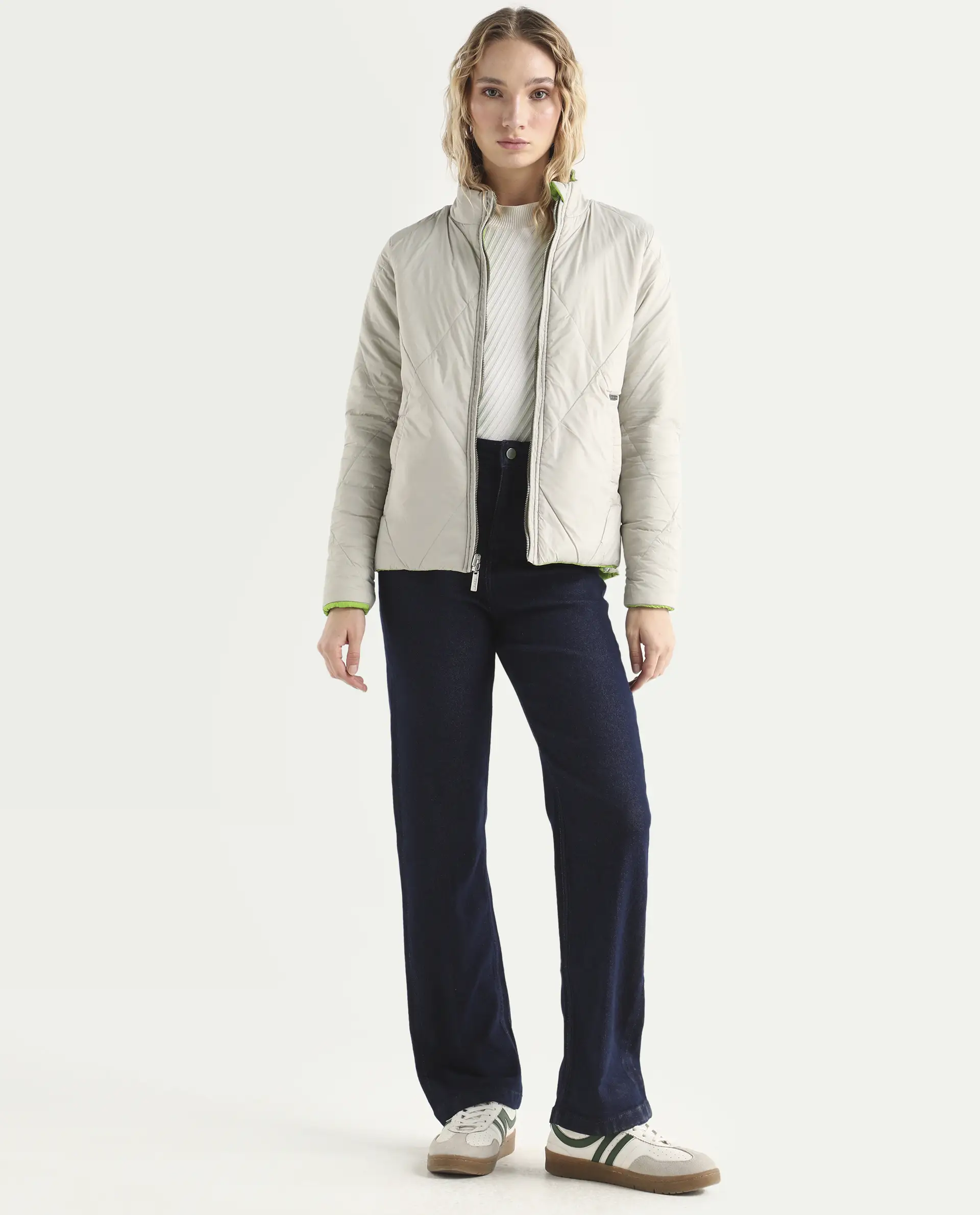 Rareism Women's Cora Green Polyester High Neck Plain Regular Fit Jacket - Image 4