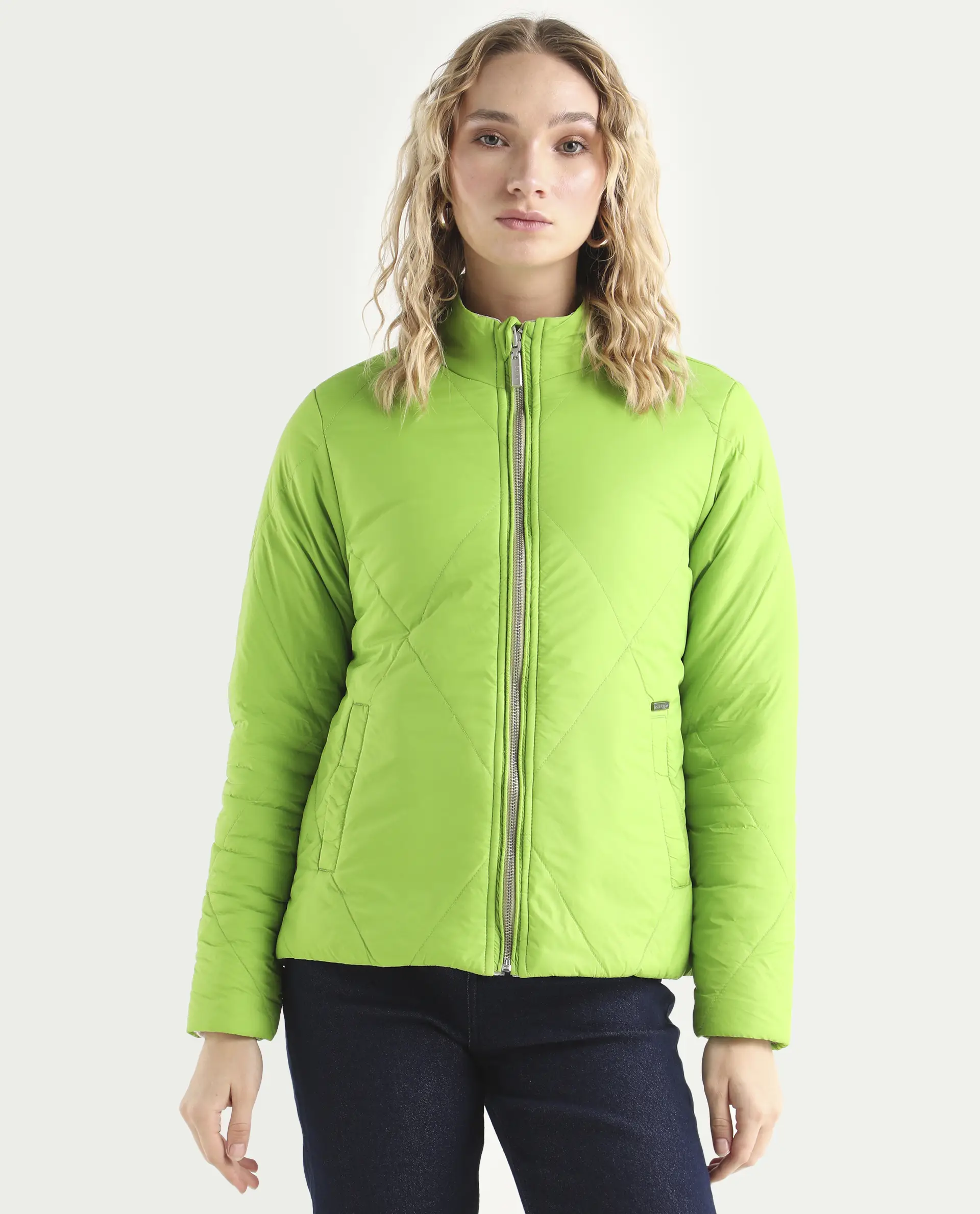 Rareism Women's Cora Green Polyester High Neck Plain Regular Fit Jacket - Image 5