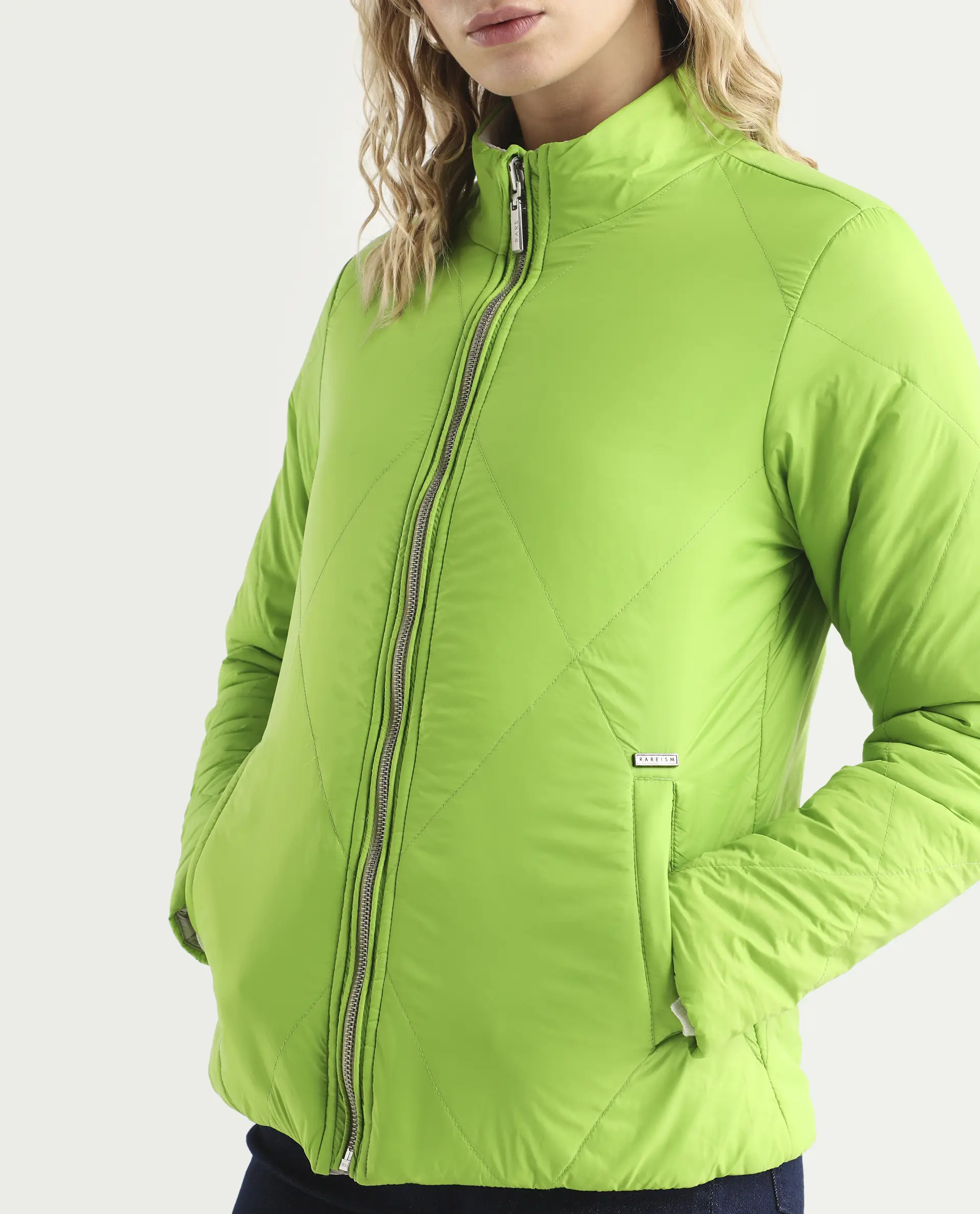 Rareism Women's Cora Green Polyester High Neck Plain Regular Fit Jacket - Image 7