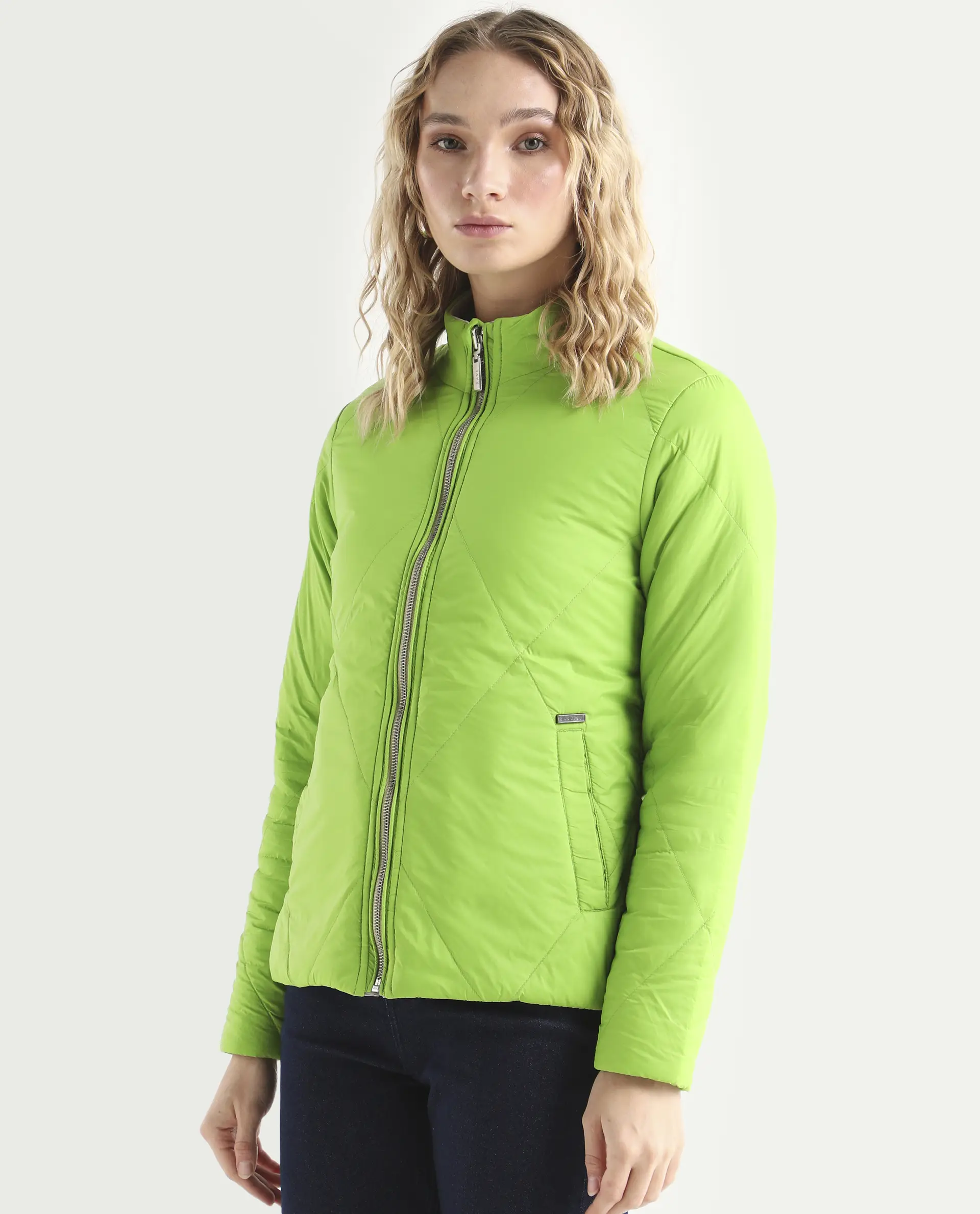 Rareism Women's Cora Green Polyester High Neck Plain Regular Fit Jacket - Image 8