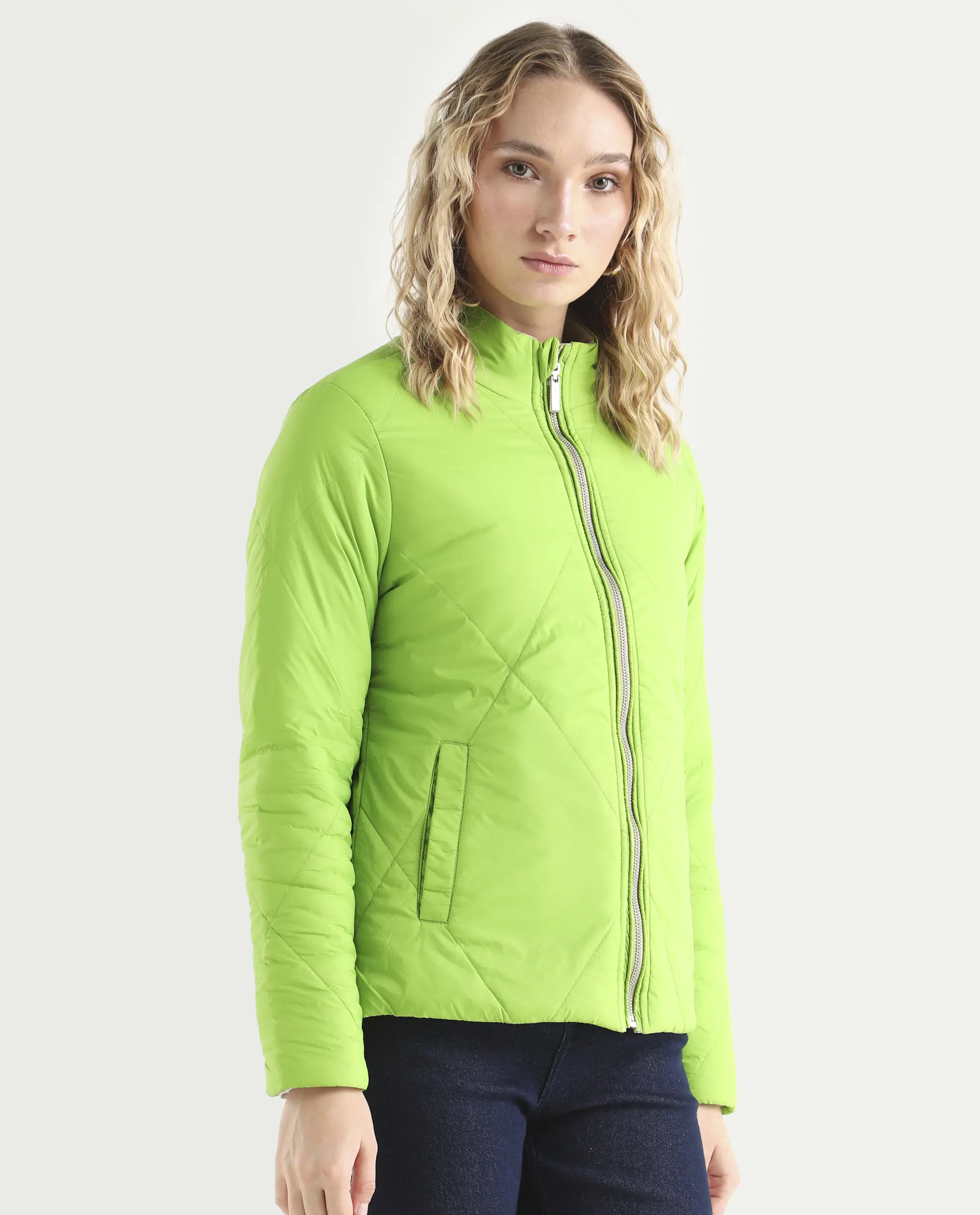 Rareism Women's Cora Green Polyester High Neck Plain Regular Fit Jacket - Image 9