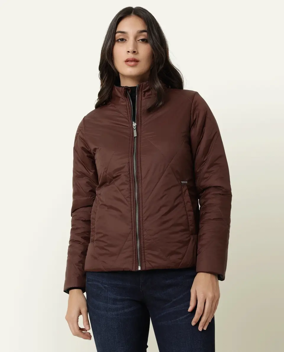 Rareism Women's Cora Maroon Polyester High Neck Plain Regular Fit Jacket