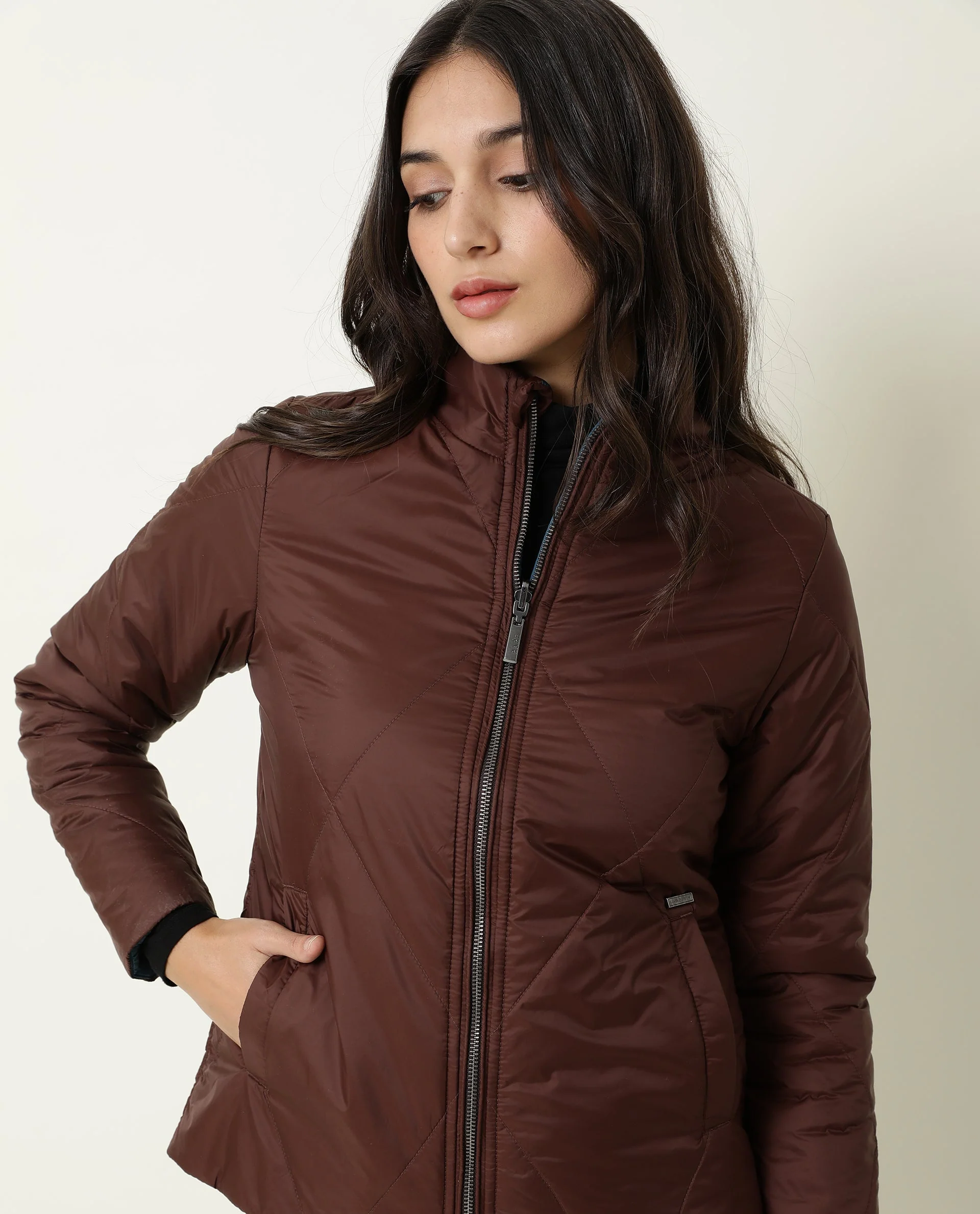 Rareism Women's Cora Maroon Polyester High Neck Plain Regular Fit Jacket - Image 4