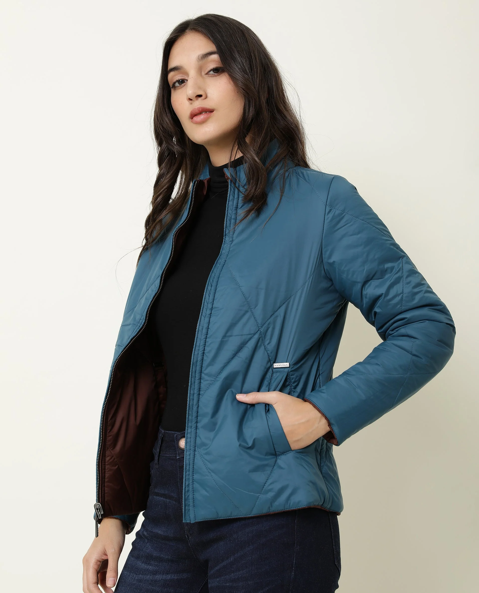 Rareism Women's Cora Maroon Polyester High Neck Plain Regular Fit Jacket - Image 5
