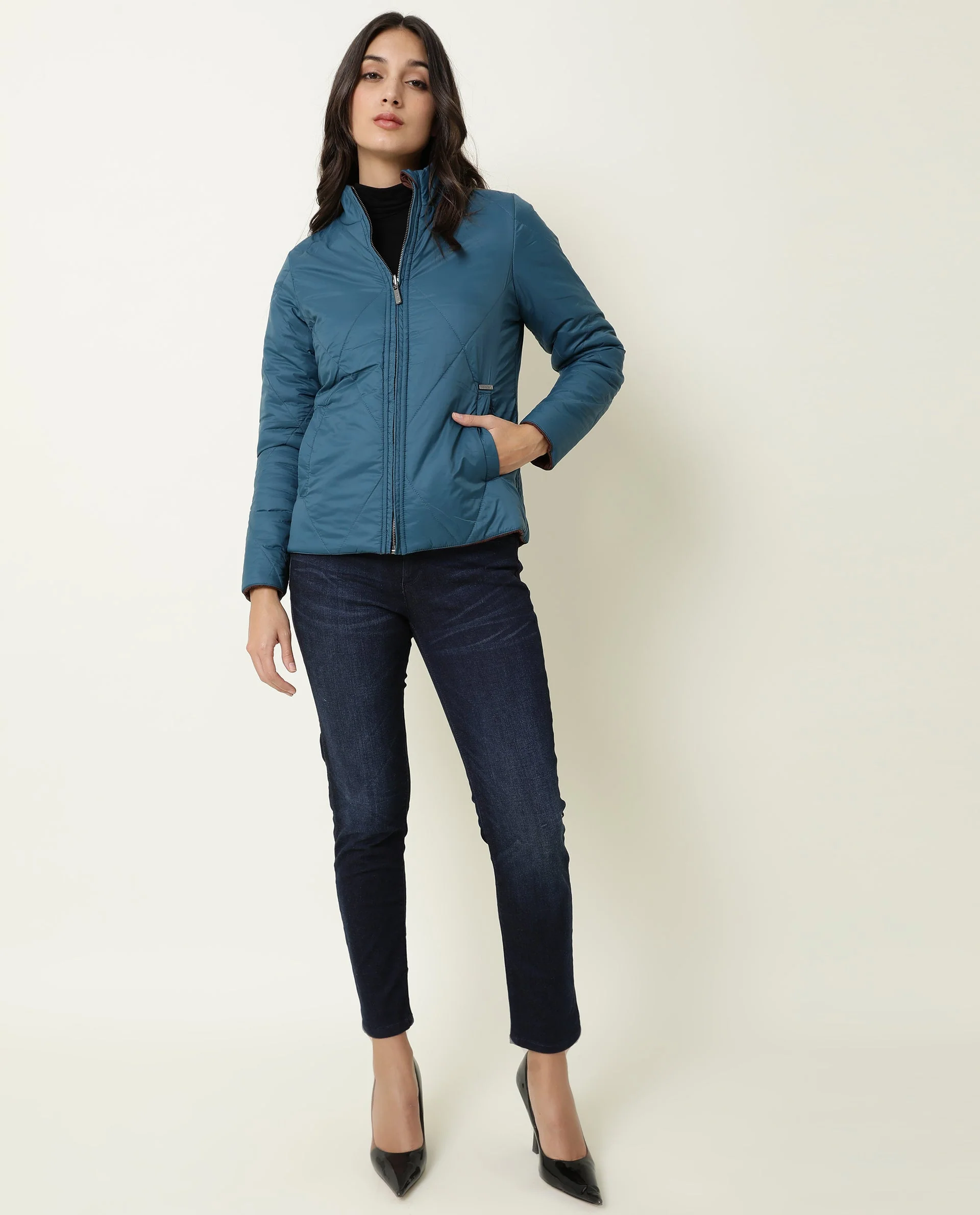 Rareism Women's Cora Maroon Polyester High Neck Plain Regular Fit Jacket - Image 6