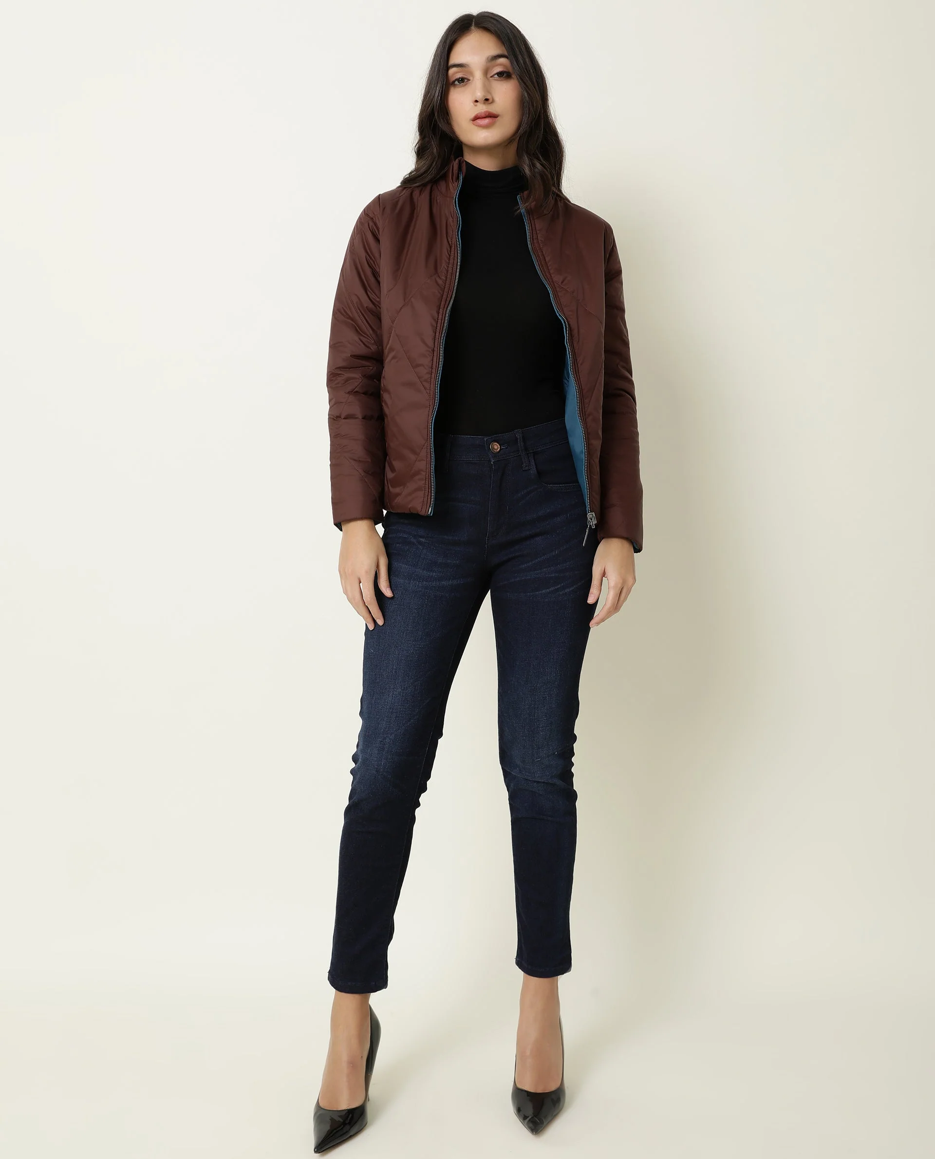 Rareism Women's Cora Maroon Polyester High Neck Plain Regular Fit Jacket - Image 9
