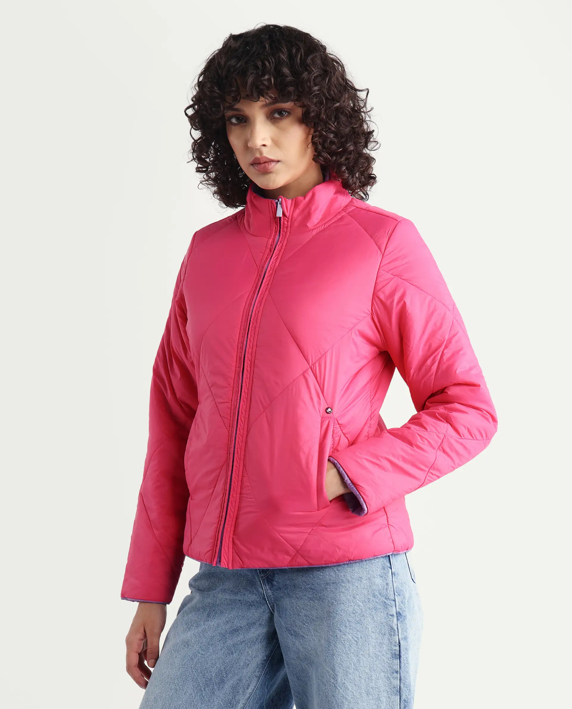 Rareism Women's Cora 1 Purple Nylon High Neck Plain Regular Fit Jacket - Image 3