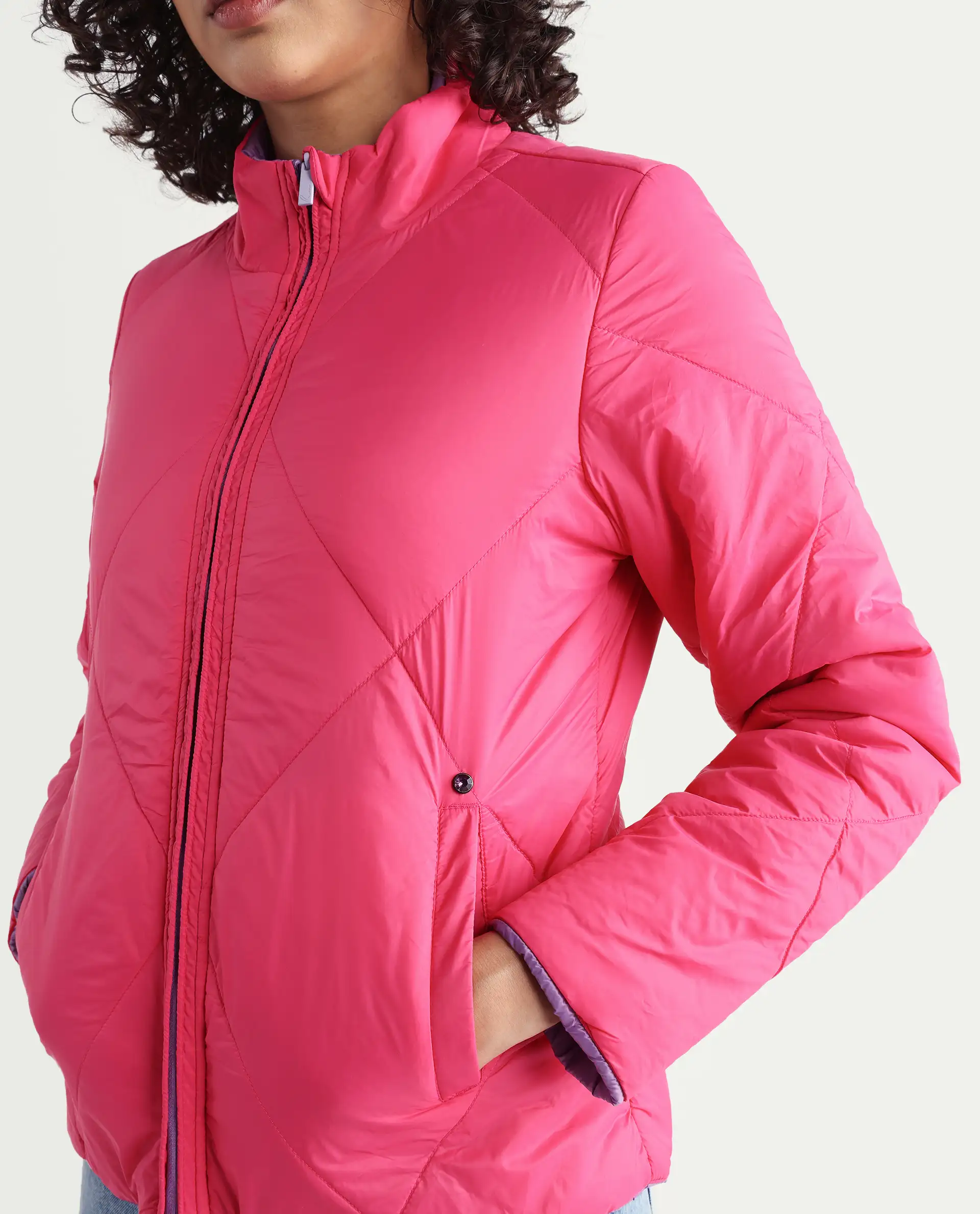 Rareism Women's Cora 1 Purple Nylon High Neck Plain Regular Fit Jacket - Image 4