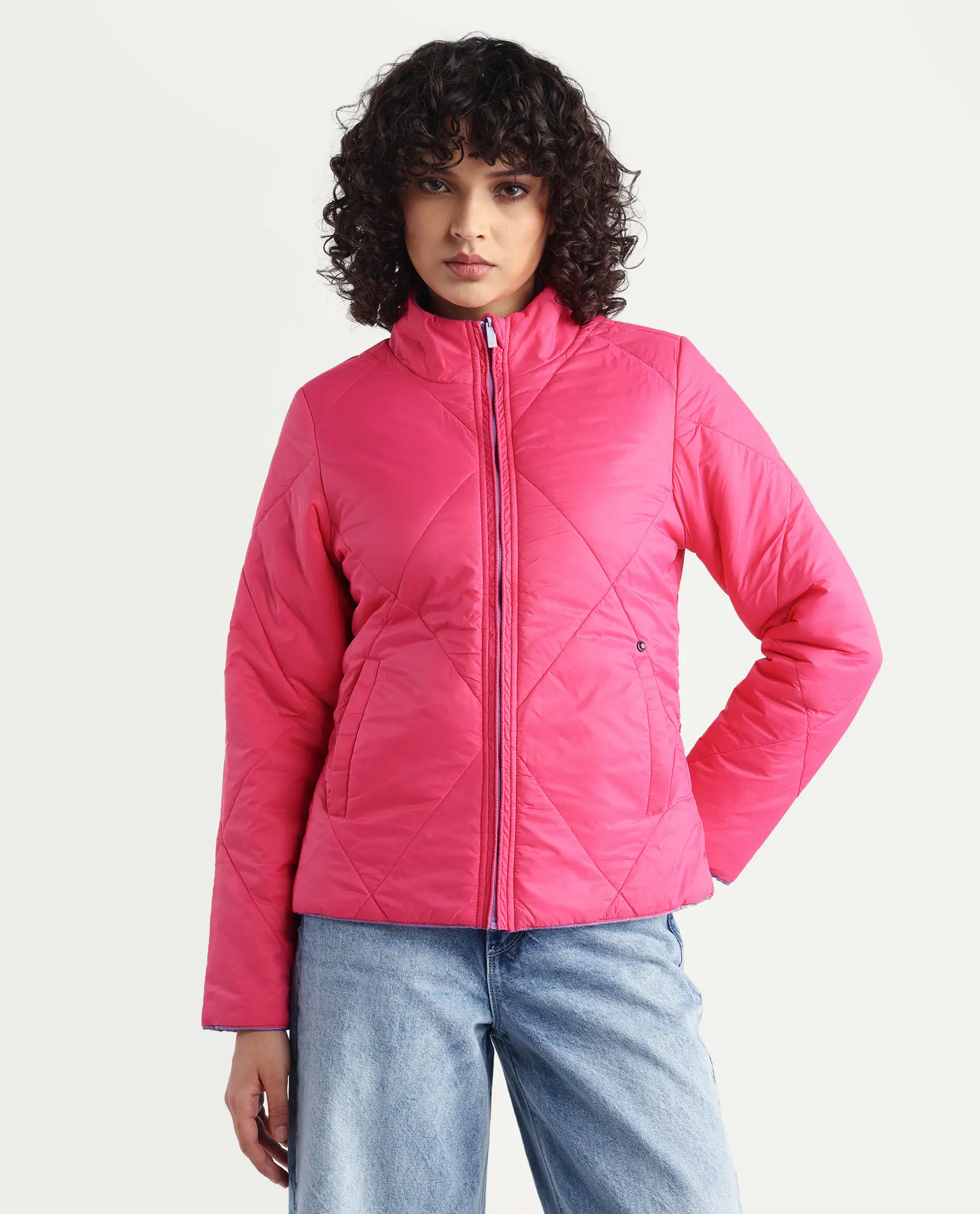 Rareism Women's Cora 1 Purple Nylon High Neck Plain Regular Fit Jacket - Image 6