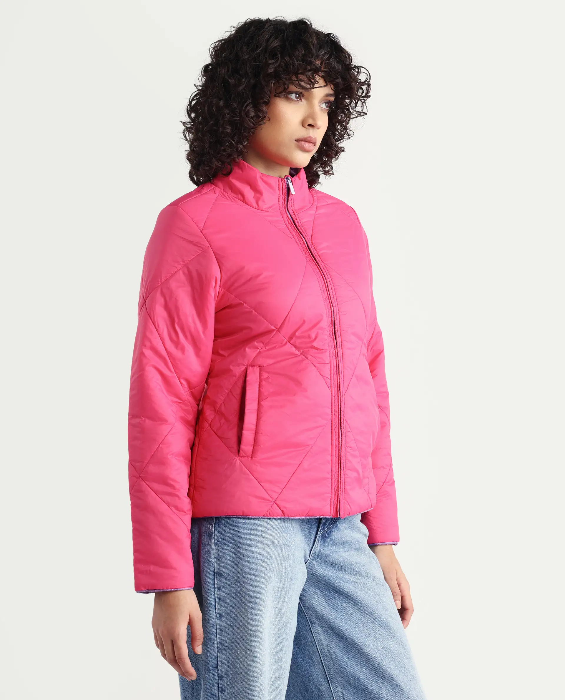 Rareism Women's Cora 1 Purple Nylon High Neck Plain Regular Fit Jacket - Image 7