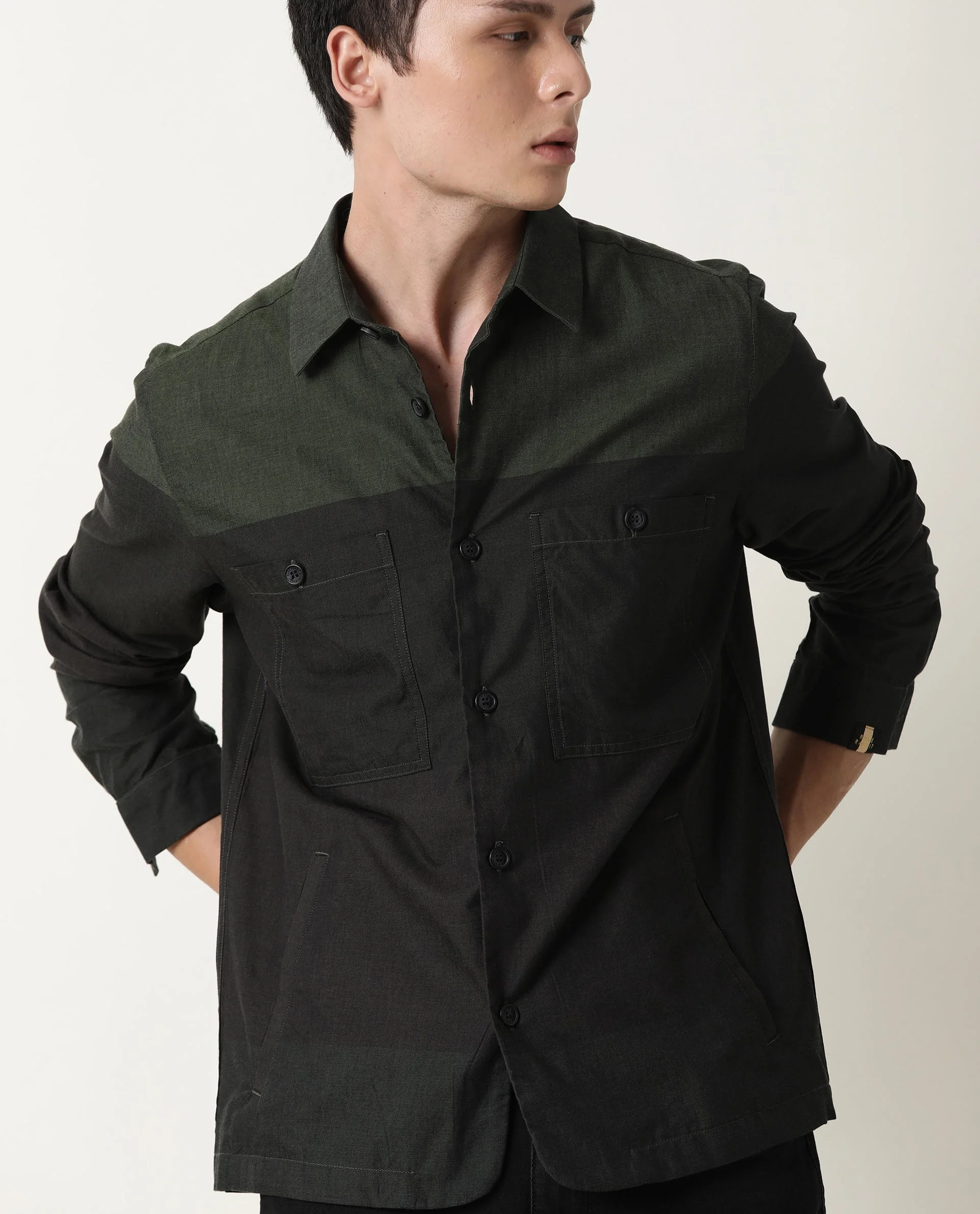 Rare Rabbit Men's Corbin Green Cotton Ombre Regular Fit Full Sleeve Spread Collar Jacket - Image 3