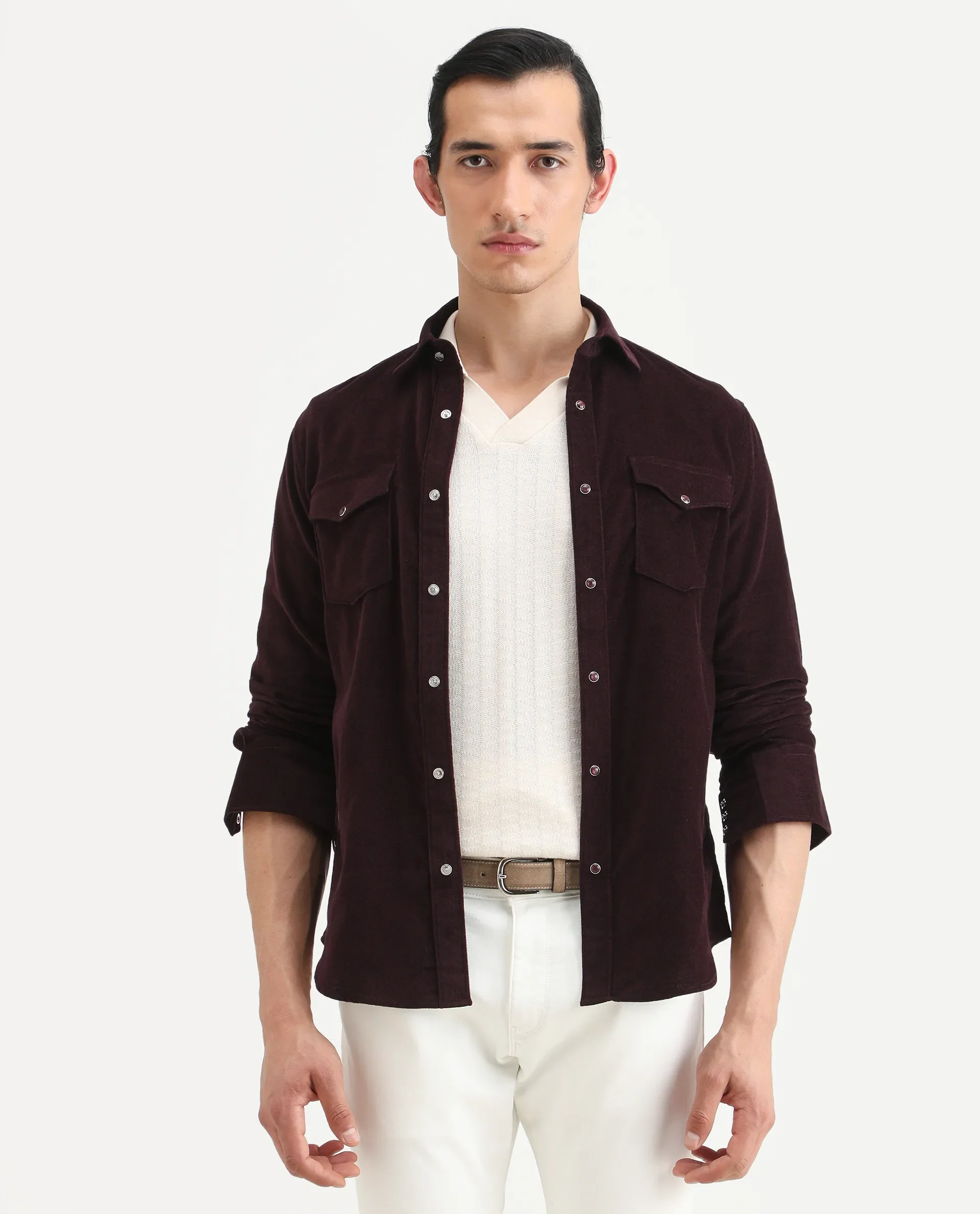 Rare Rabbit Men's Cord Dark Maroon Cotton Fabric Collared Neck Regular Fit Plain Shirt - Image 3