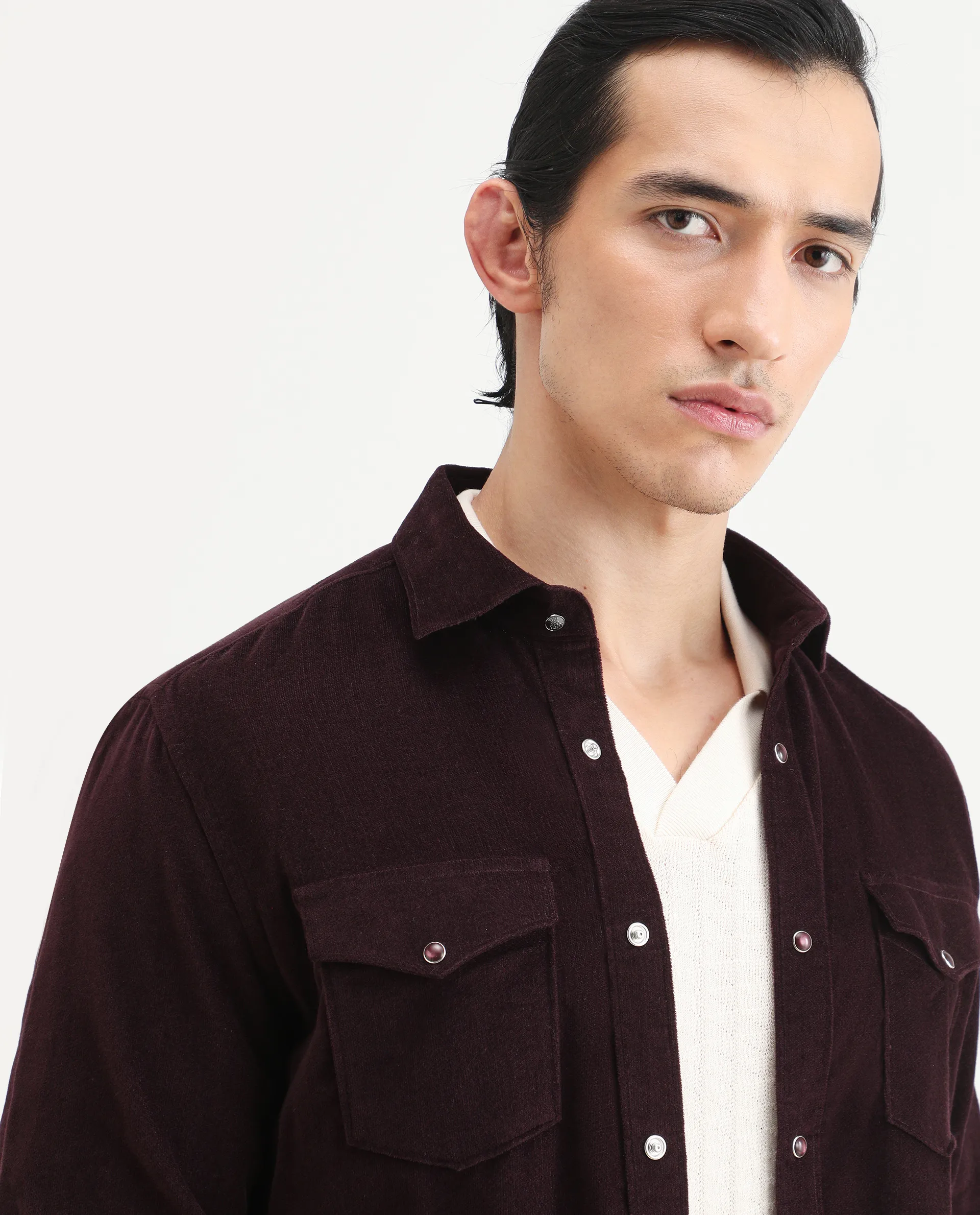 Rare Rabbit Men's Cord Dark Maroon Cotton Fabric Collared Neck Regular Fit Plain Shirt - Image 4