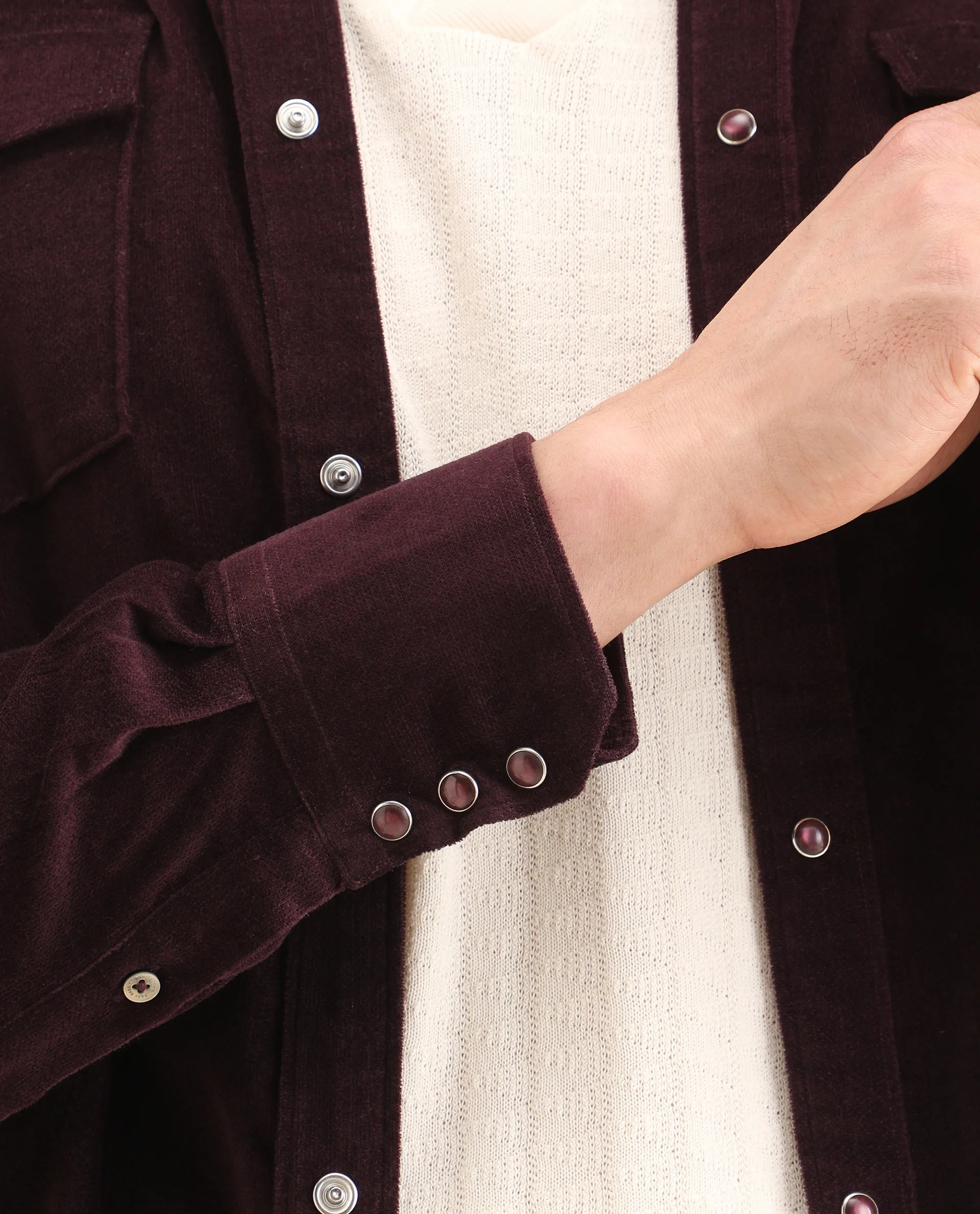 Rare Rabbit Men's Cord Dark Maroon Cotton Fabric Collared Neck Regular Fit Plain Shirt - Image 5