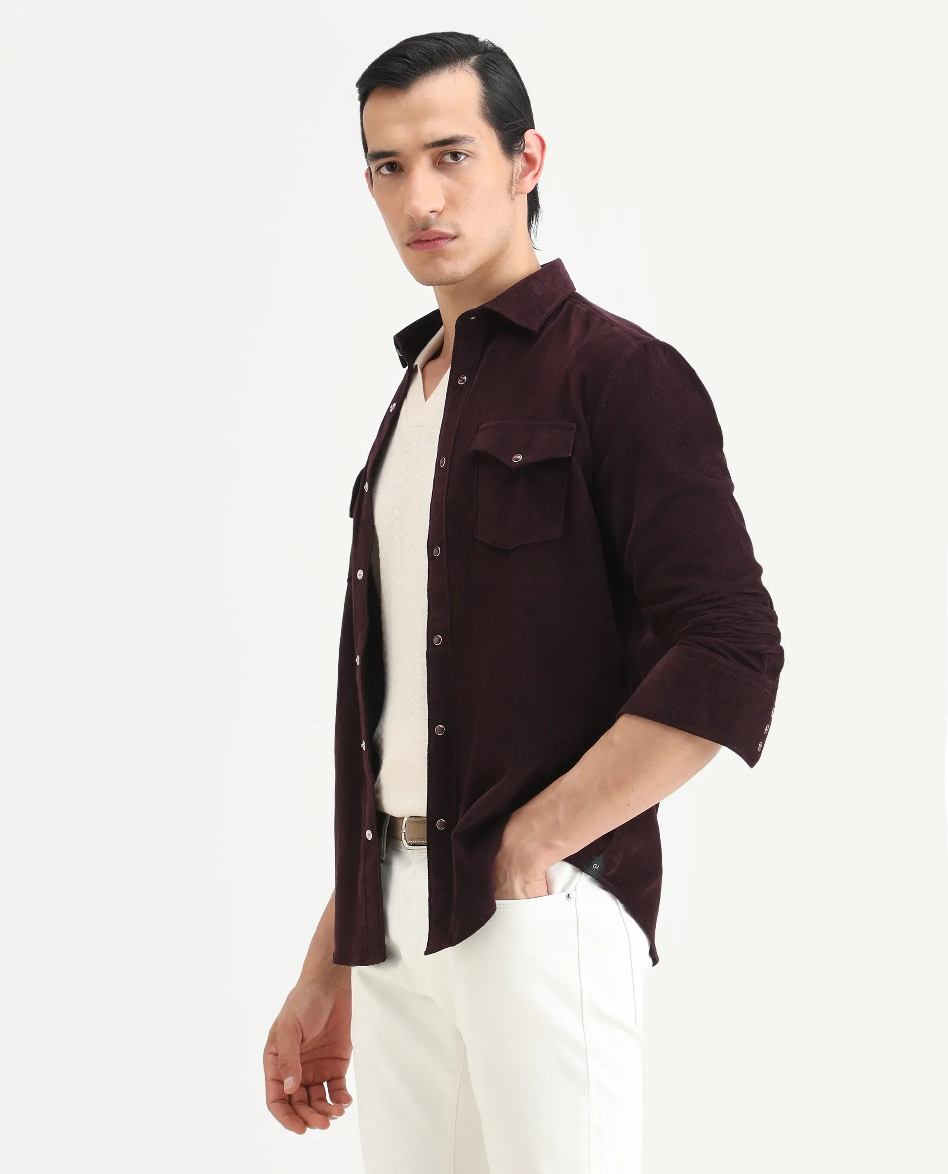 Rare Rabbit Men's Cord Dark Maroon Cotton Fabric Collared Neck Regular Fit Plain Shirt - Image 6