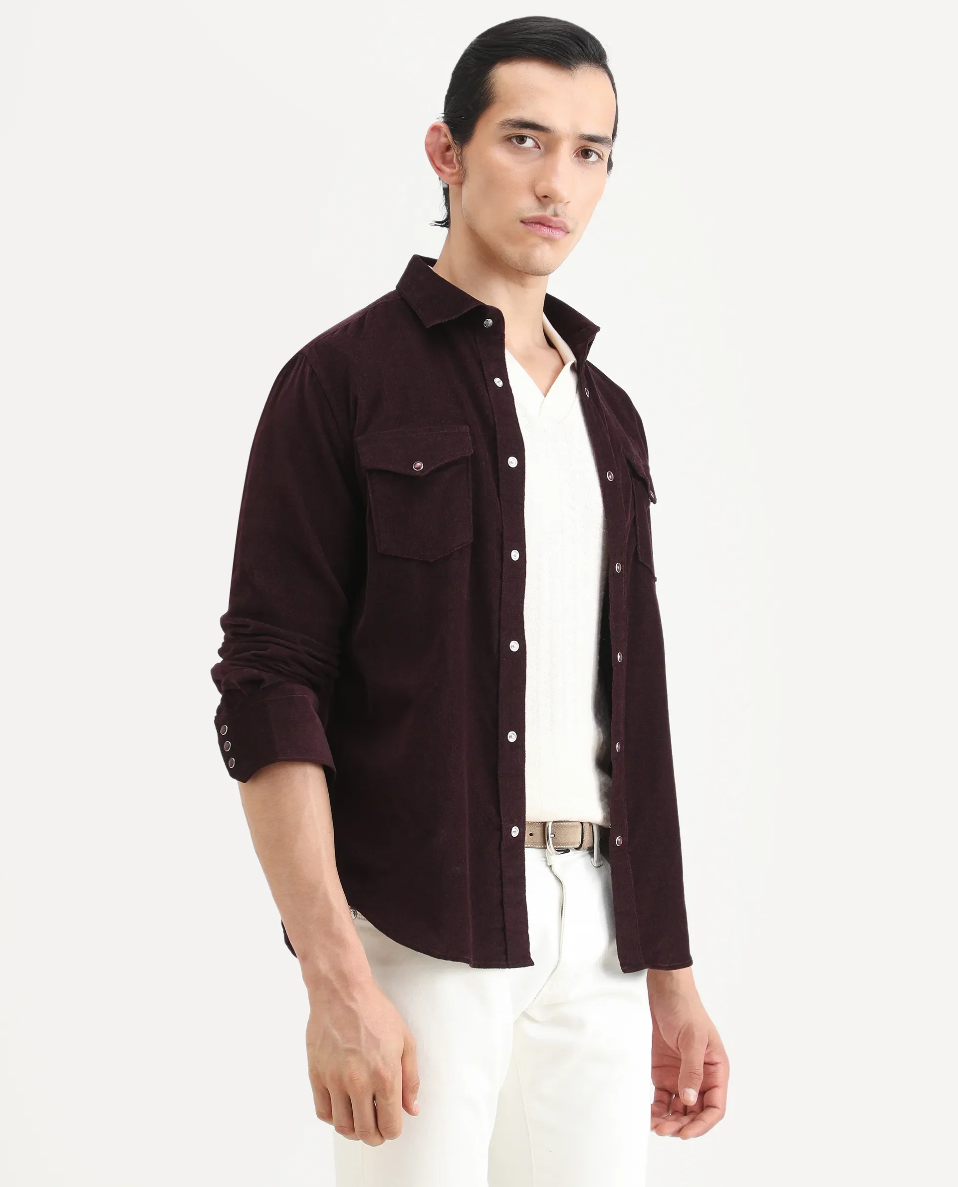 Rare Rabbit Men's Cord Dark Maroon Cotton Fabric Collared Neck Regular Fit Plain Shirt - Image 7