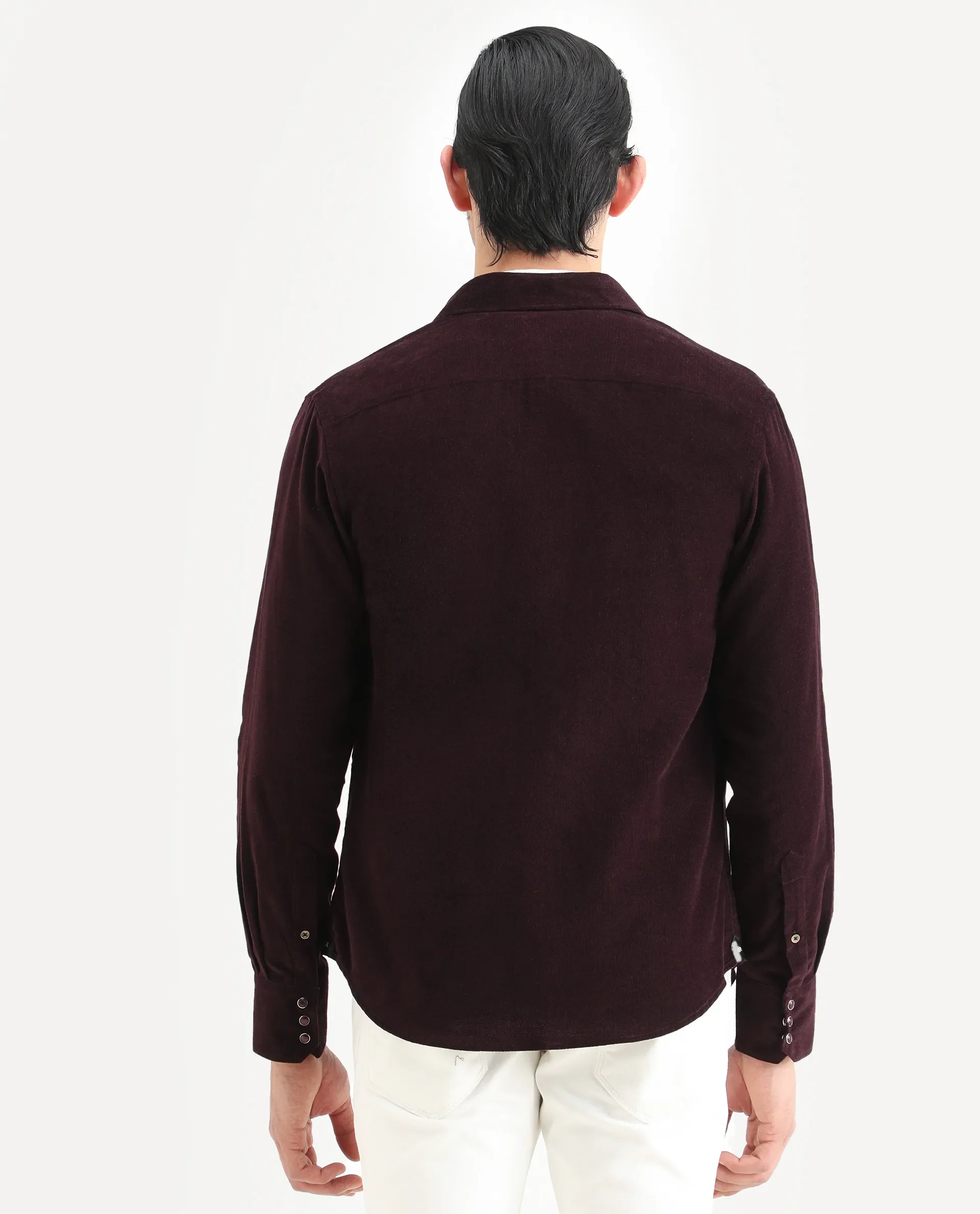 Rare Rabbit Men's Cord Dark Maroon Cotton Fabric Collared Neck Regular Fit Plain Shirt - Image 8