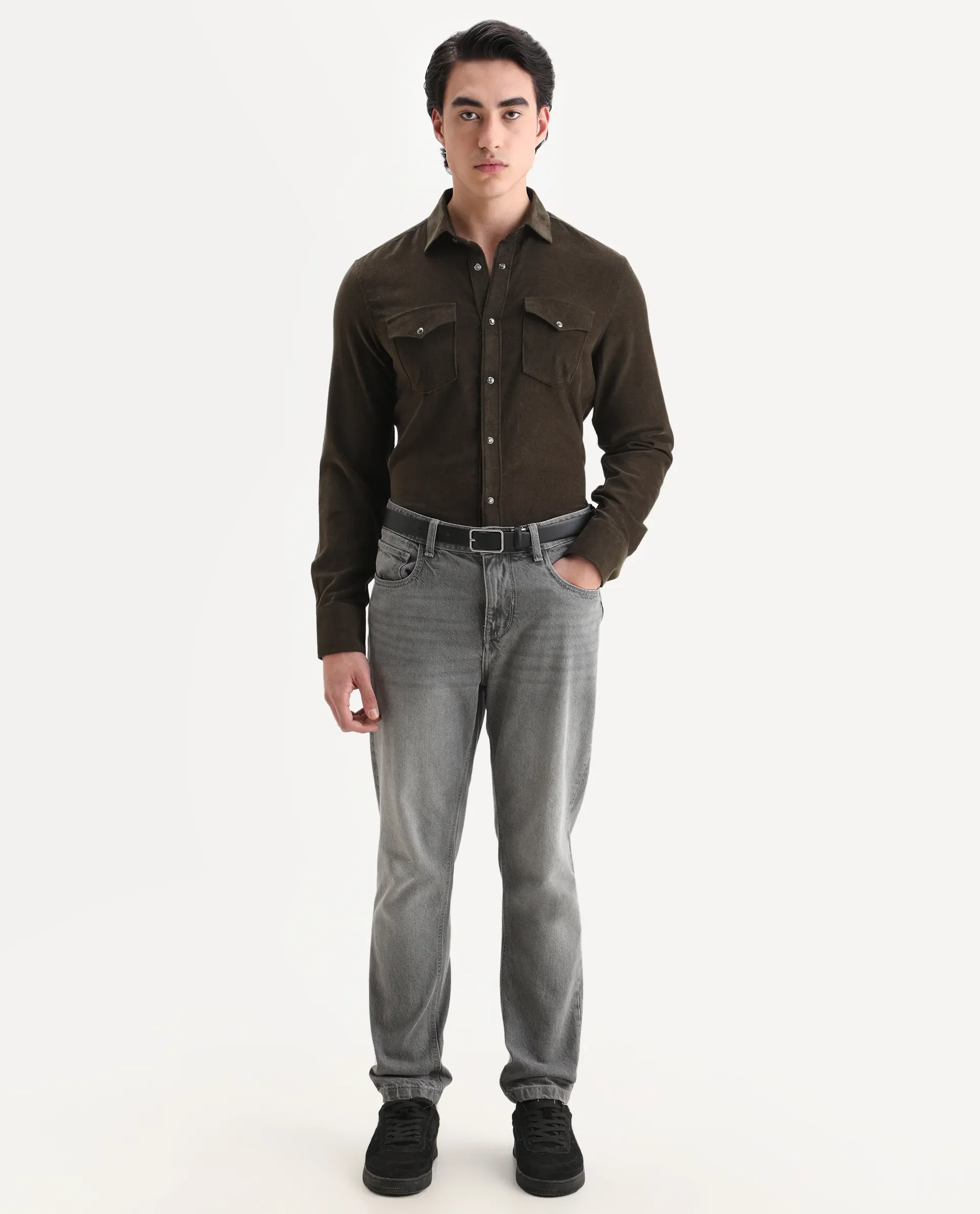 Rare Rabbit Men's Cord Olive Cotton Fabric Collared Neck Regular Fit Plain Shirt - Image 2