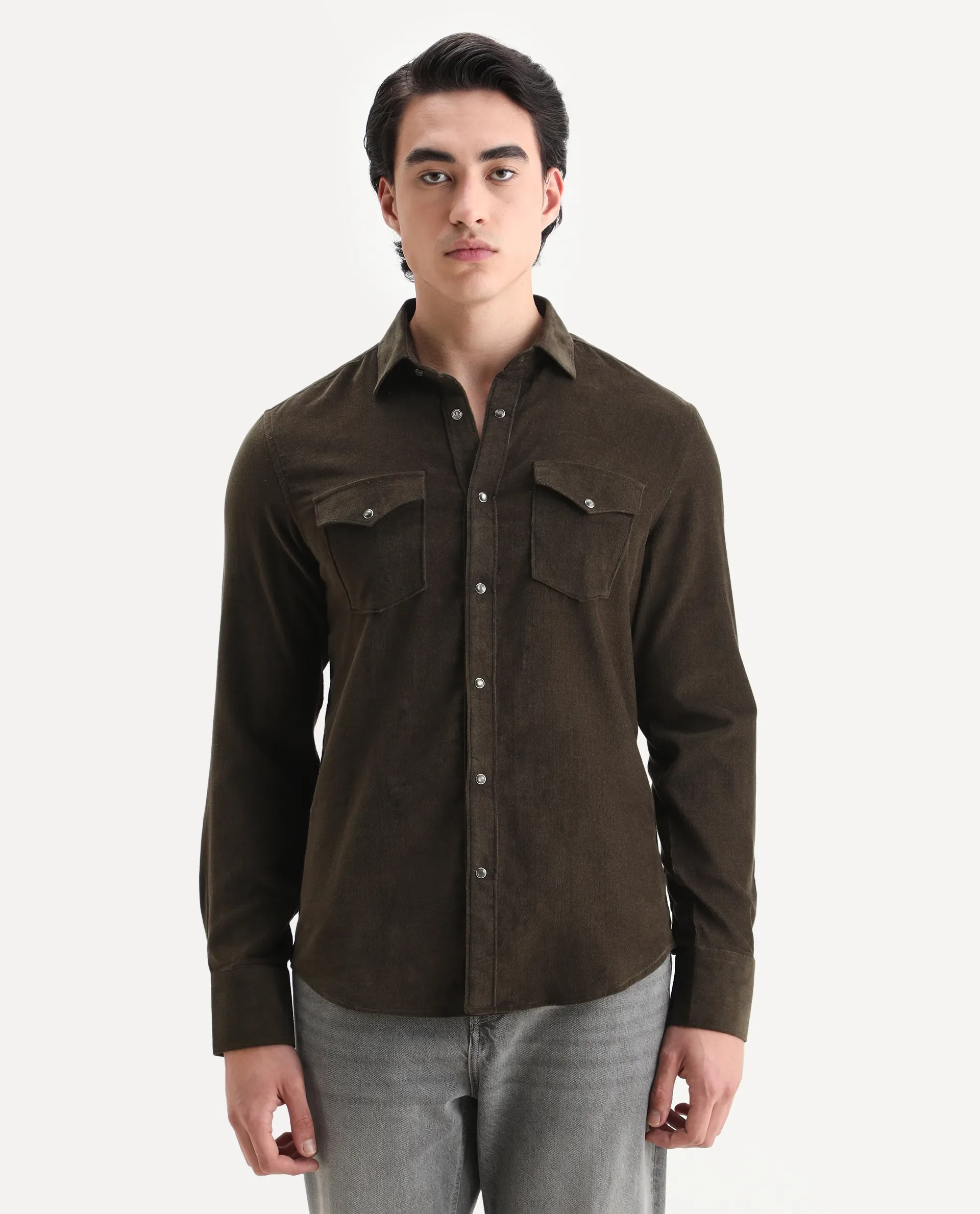 Rare Rabbit Men's Cord Olive Cotton Fabric Collared Neck Regular Fit Plain Shirt - Image 4