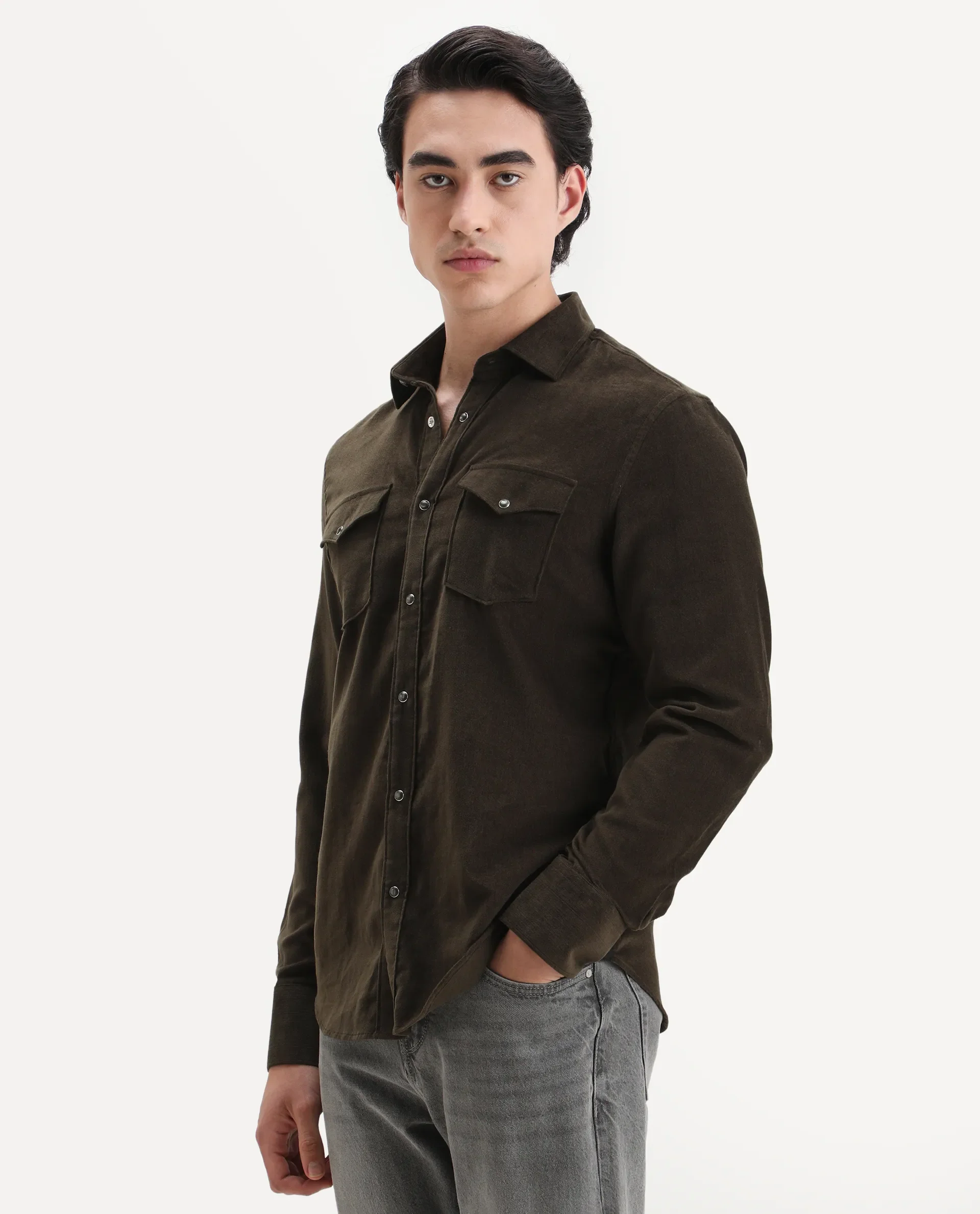 Rare Rabbit Men's Cord Olive Cotton Fabric Collared Neck Regular Fit Plain Shirt - Image 5