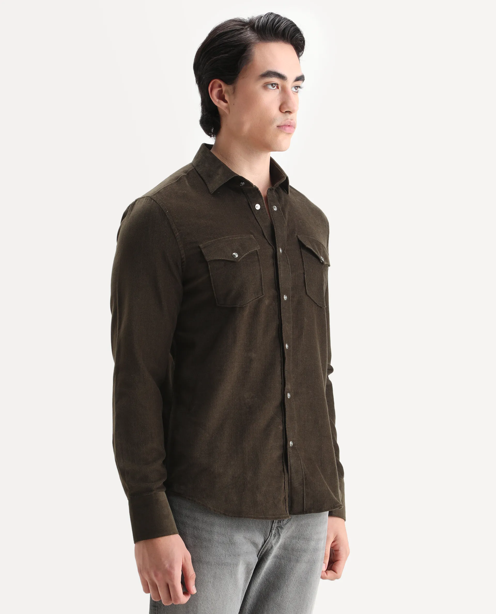 Rare Rabbit Men's Cord Olive Cotton Fabric Collared Neck Regular Fit Plain Shirt - Image 6