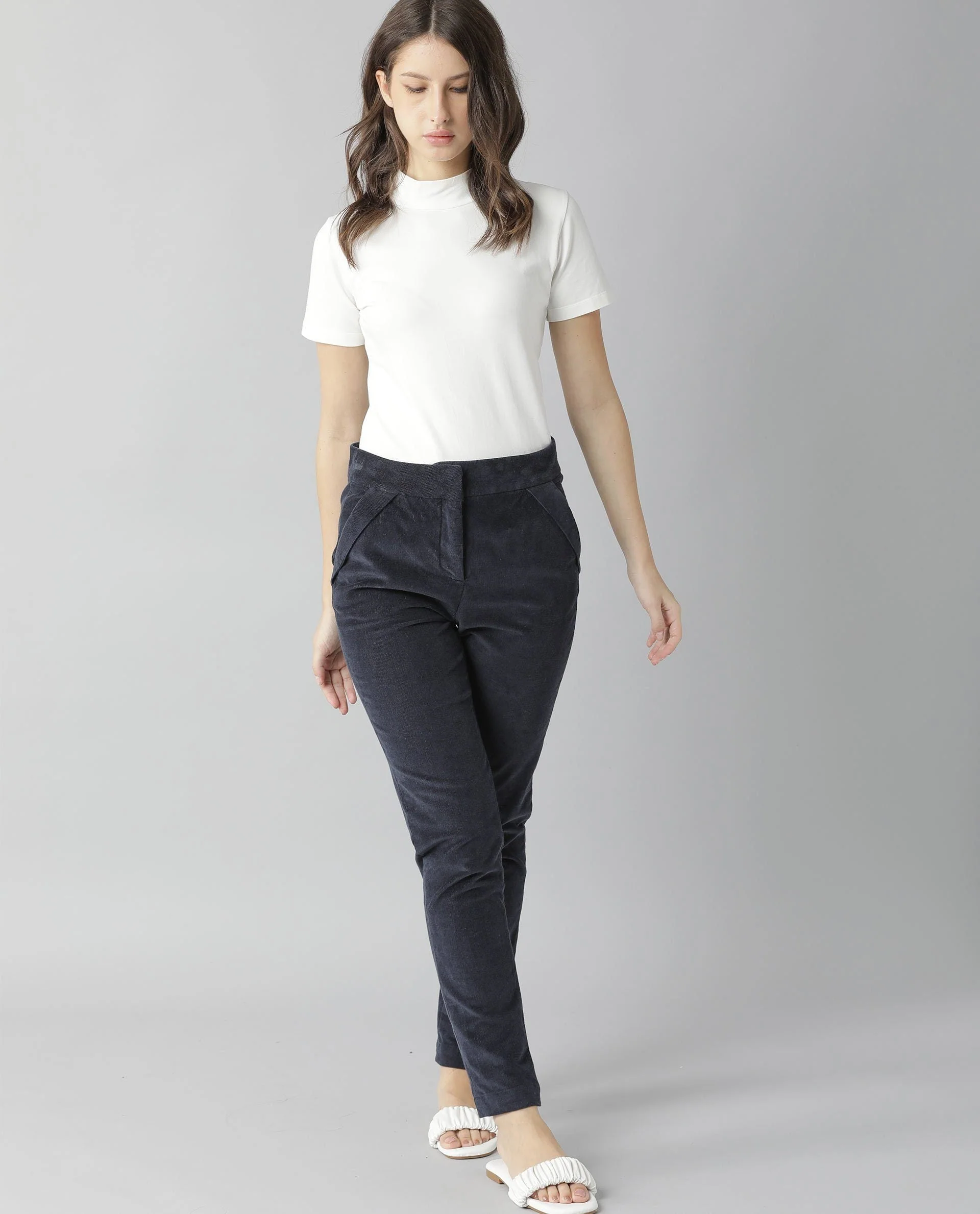 Rareism Women Cord Navy Trousers Solid - Image 3
