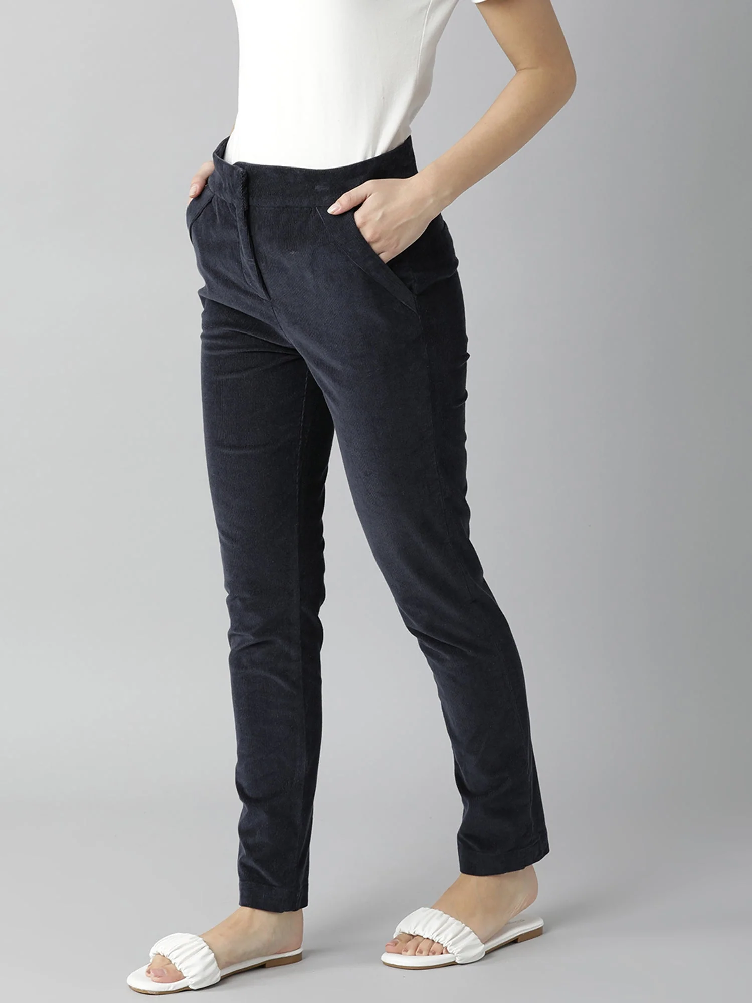 Rareism Women Cord Navy Trousers Solid - Image 5