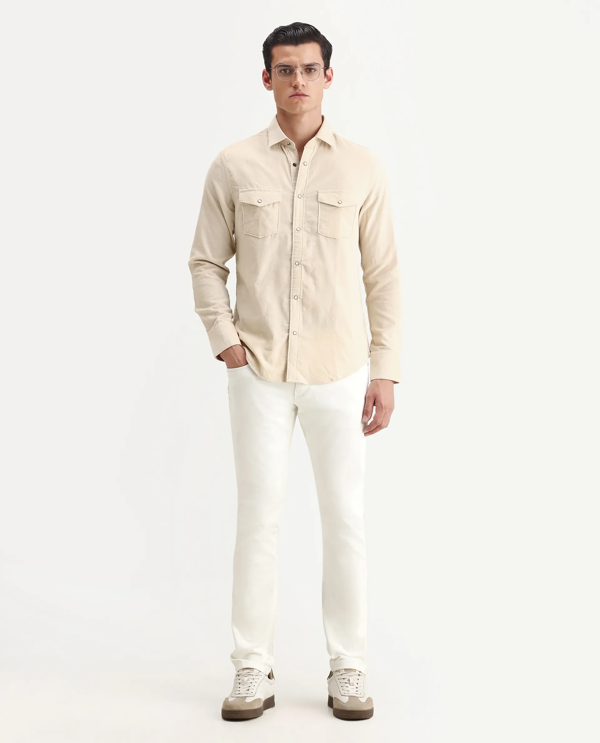 Rare Rabbit Men's Cordin-2 Beige Cotton Plain Regular Fit Full Sleeve Collared Shirt - Image 2