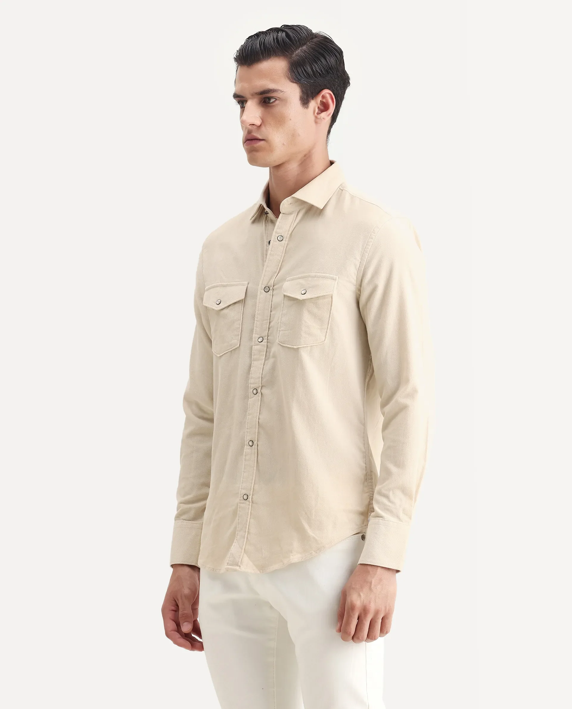 Rare Rabbit Men's Cordin-2 Beige Cotton Plain Regular Fit Full Sleeve Collared Shirt - Image 4