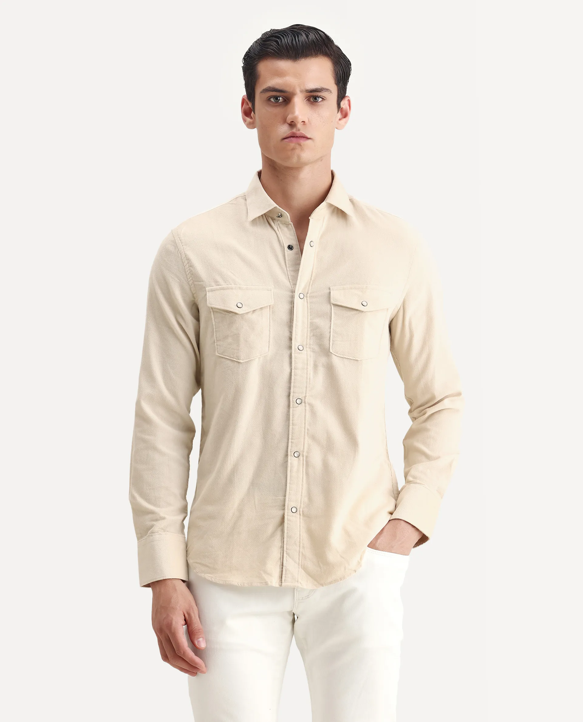 Rare Rabbit Men's Cordin-2 Beige Cotton Plain Regular Fit Full Sleeve Collared Shirt - Image 6