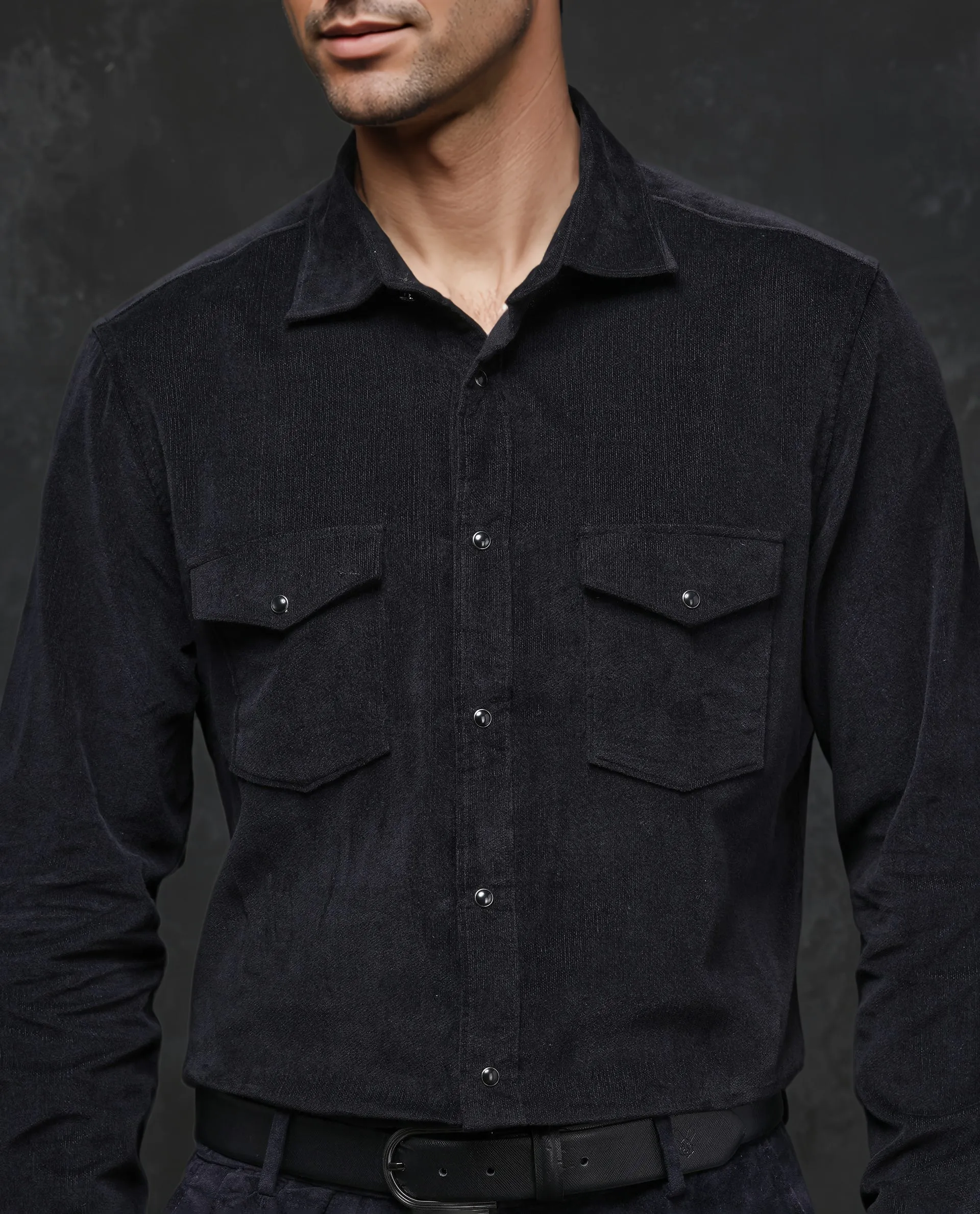Rare Rabbit Men's Cordin-2 Black Cotton Plain Regular Fit Full Sleeve Collared Shirt - Image 3